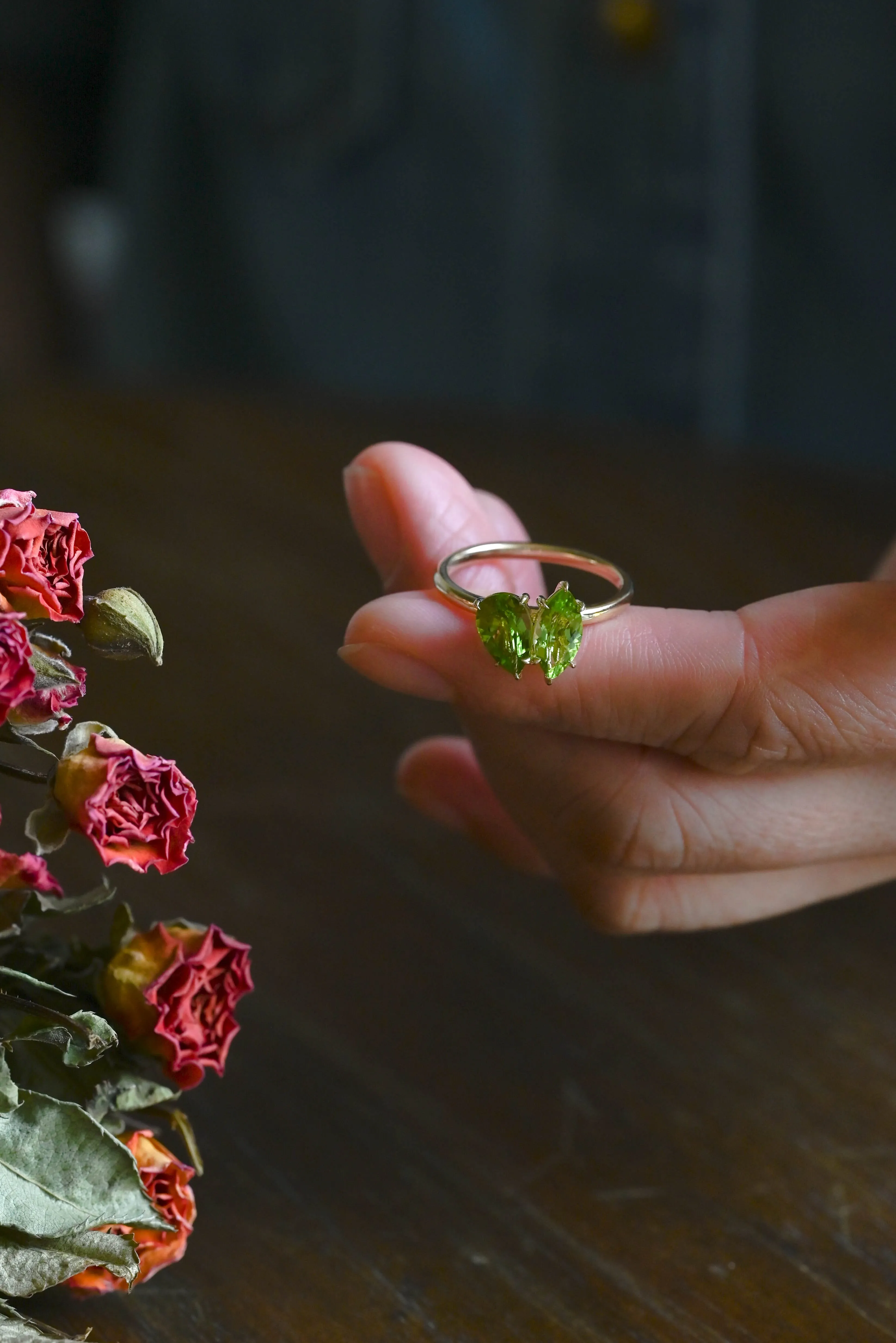 Solid Gold Toi Et Moi Ring, Marquise & Pear Natural Peridot Engagement Ring, Aug. Birthstone Ring sold by Causyou product image thumbnail 3