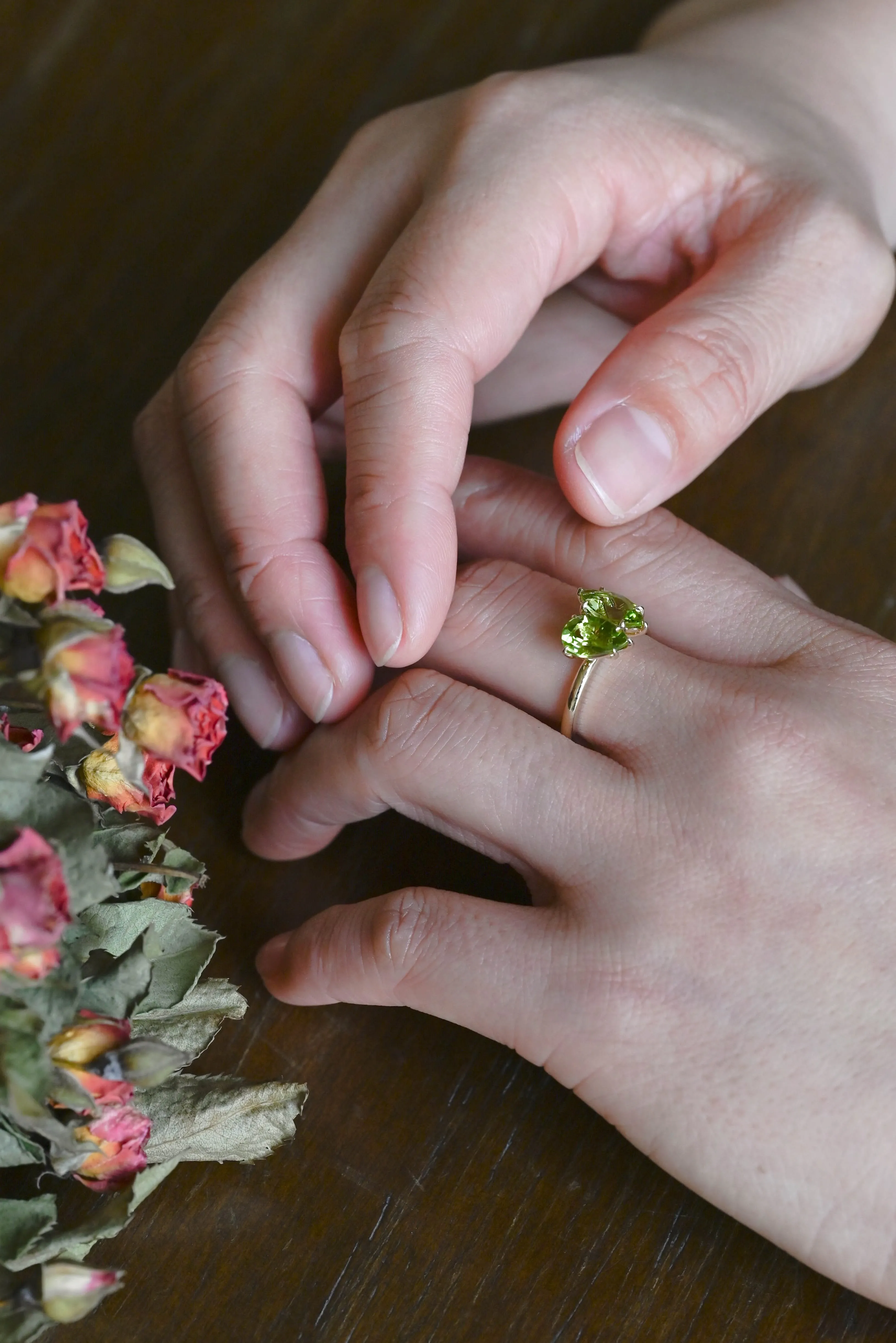 Solid Gold Toi Et Moi Ring, Marquise & Pear Natural Peridot Engagement Ring, Aug. Birthstone Ring sold by Causyou product image thumbnail 2