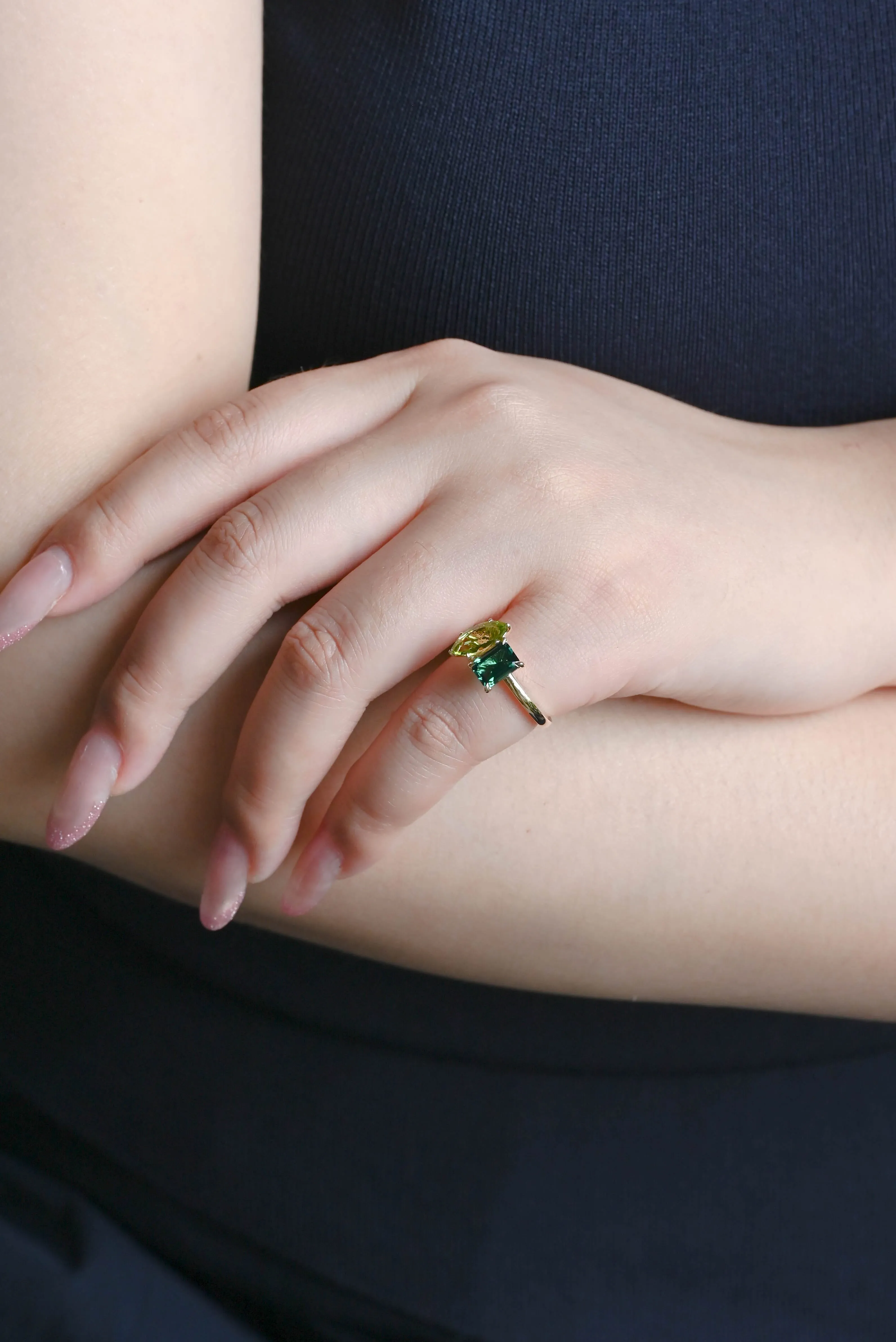 Solid Gold Toi Et Moi Ring, Marquise Cut Peridot & Lab Emerald Engagement Ring sold by Causyou product image thumbnail 2