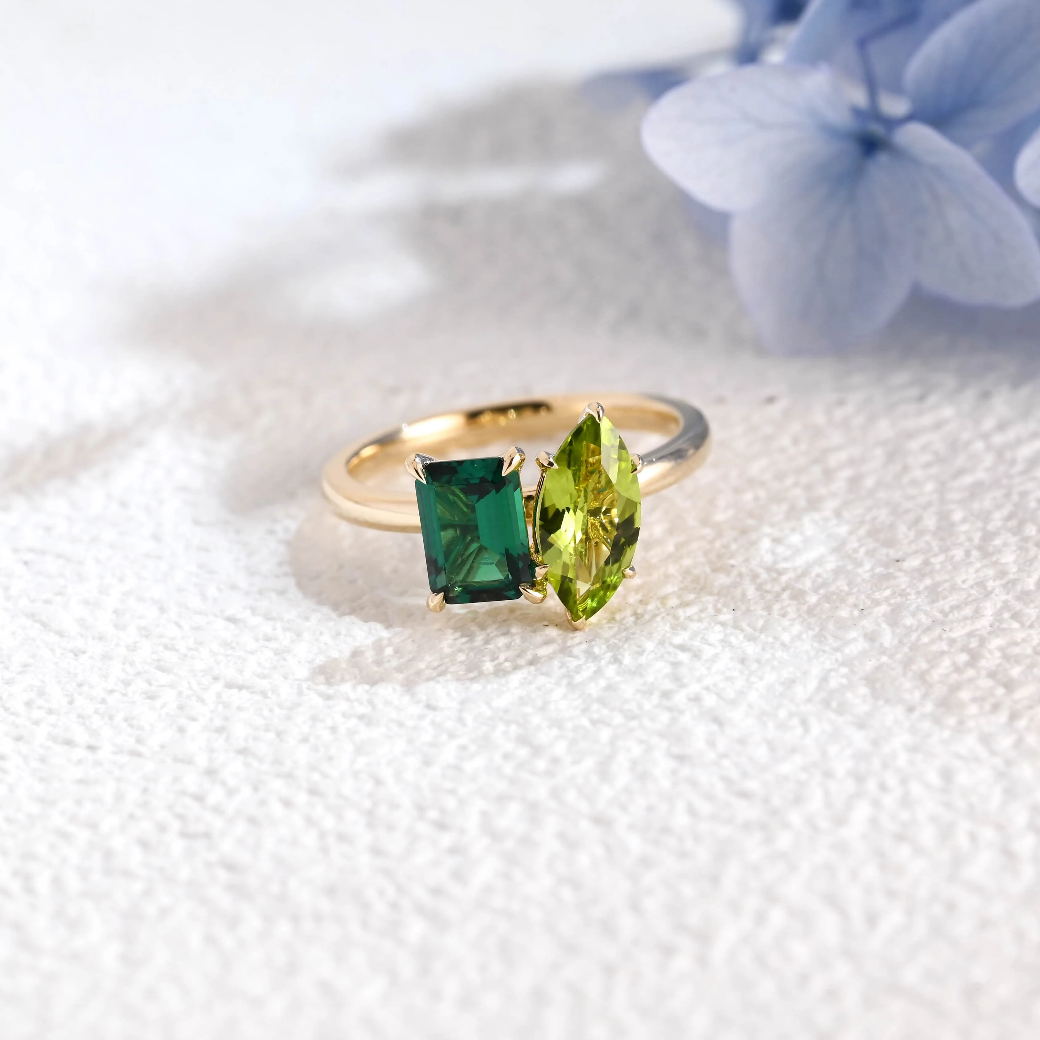 Solid Gold Toi Et Moi Ring, Marquise Cut Peridot & Lab Emerald Engagement Ring sold by Causyou