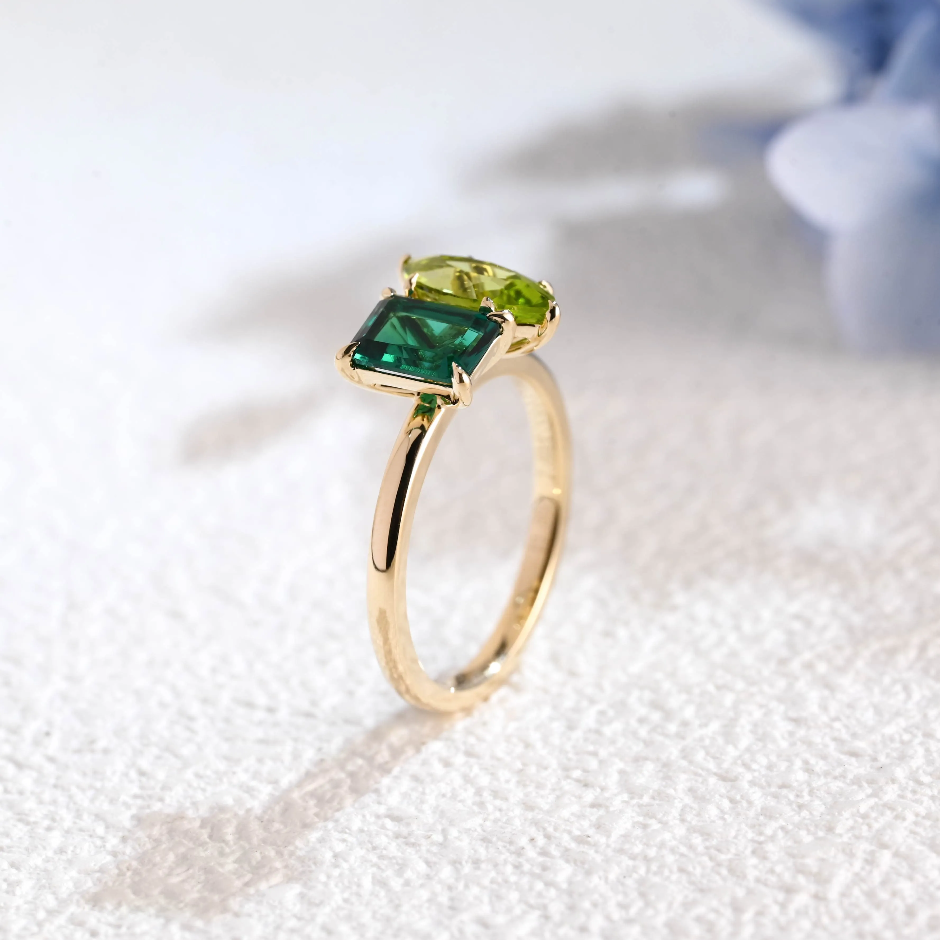 Solid Gold Toi Et Moi Ring, Marquise Cut Peridot & Lab Emerald Engagement Ring sold by Causyou product image thumbnail 5