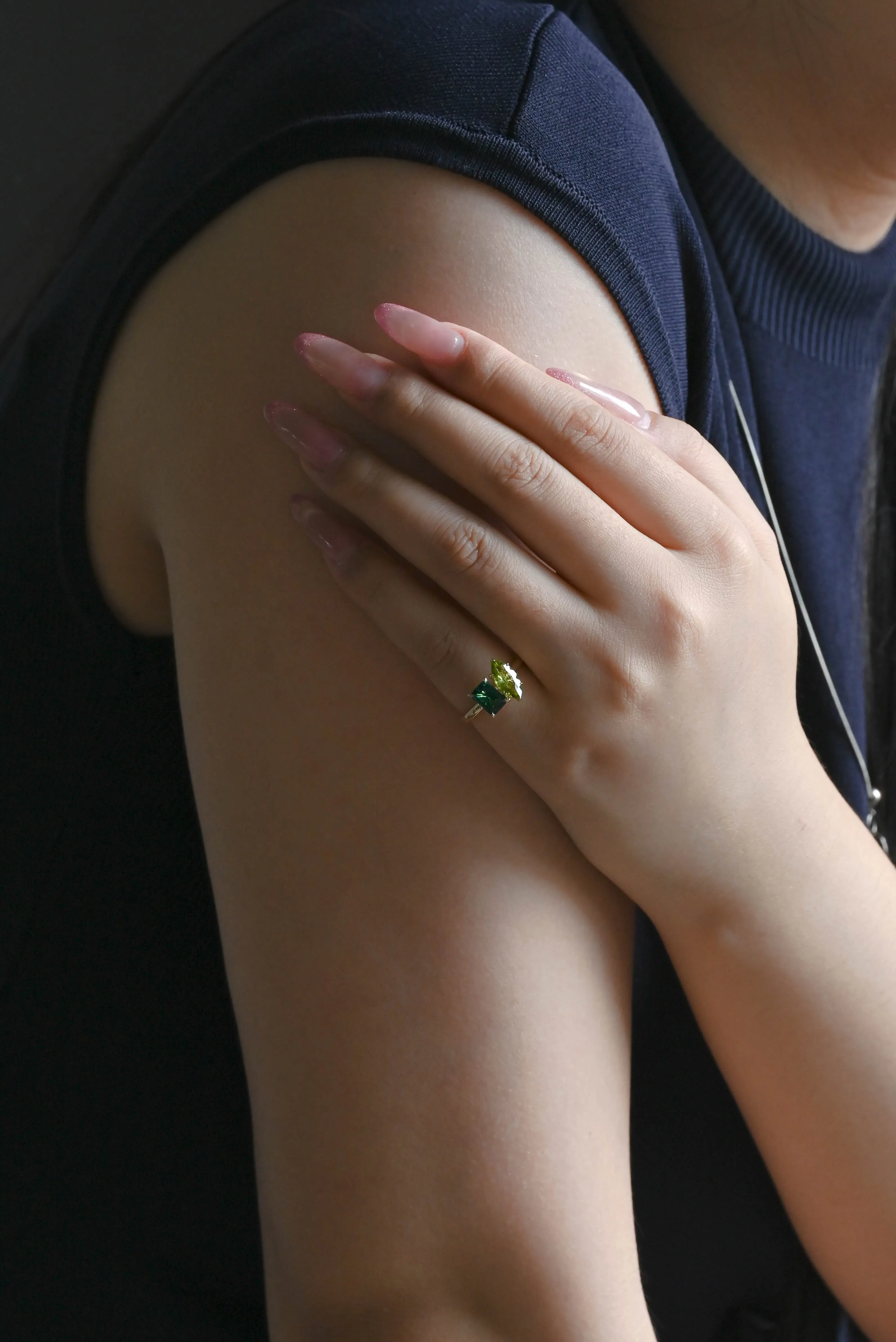 Solid Gold Toi Et Moi Ring, Marquise Cut Peridot & Lab Emerald Engagement Ring sold by Causyou product image thumbnail 3