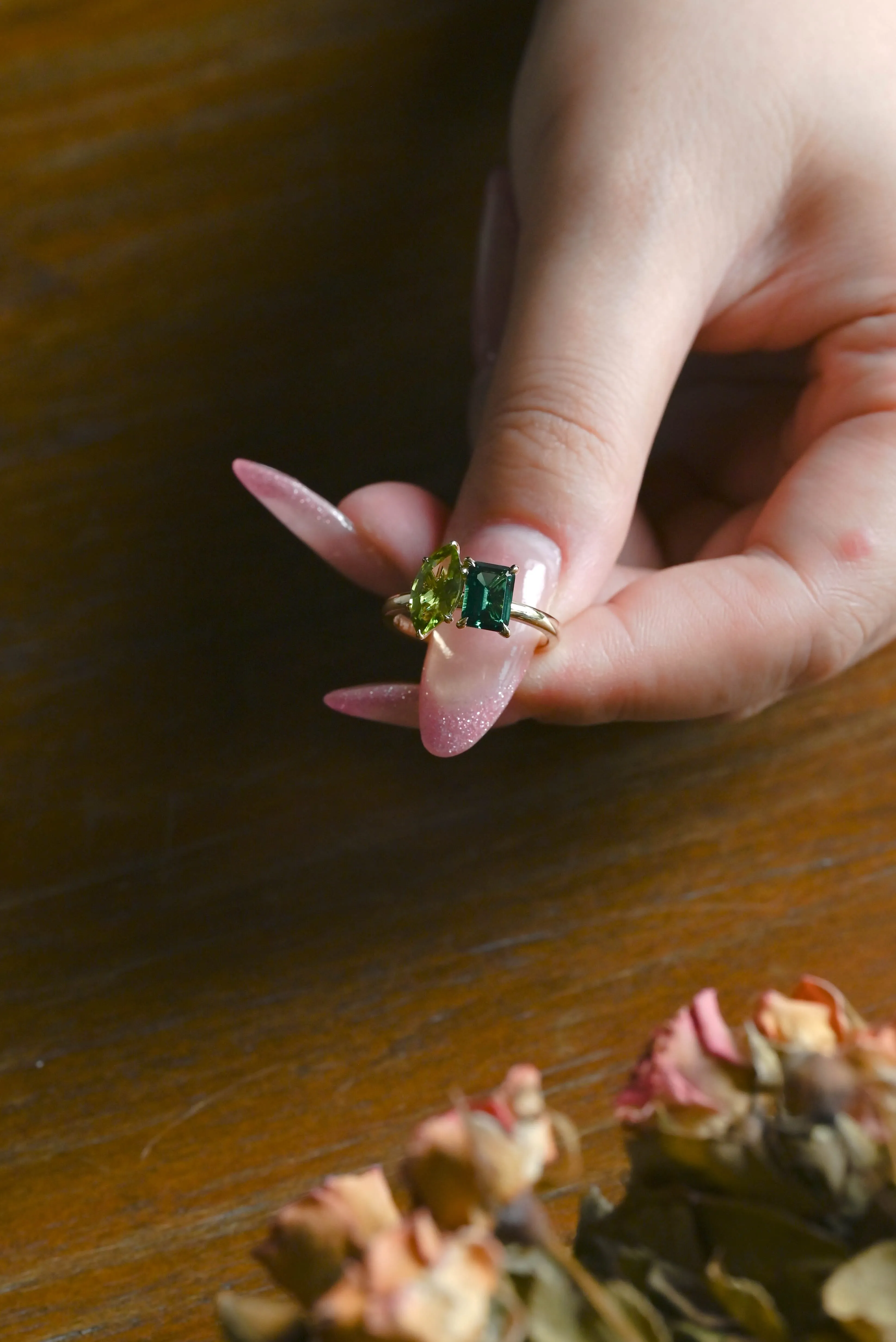 Solid Gold Toi Et Moi Ring, Marquise Cut Peridot & Lab Emerald Engagement Ring sold by Causyou product image thumbnail 4