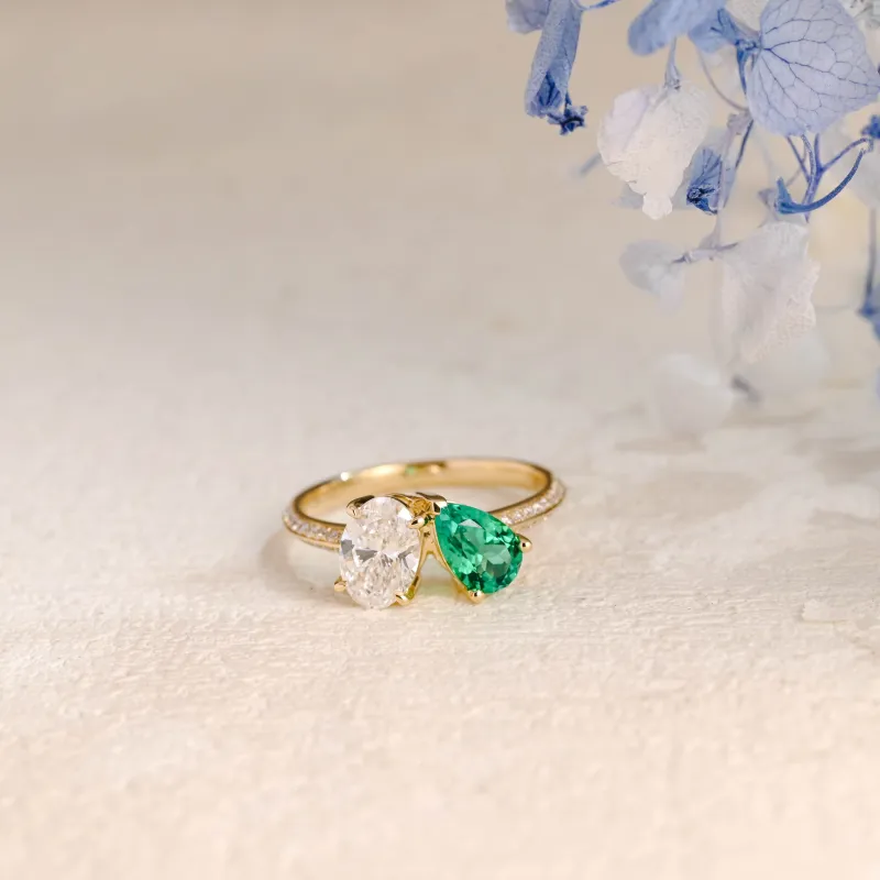 Solid Gold Oval Lab Diamond Engagement Ring | D VS1 IGI Certified, Emerald & Diamond Toi et Moi Ring made by Causyou