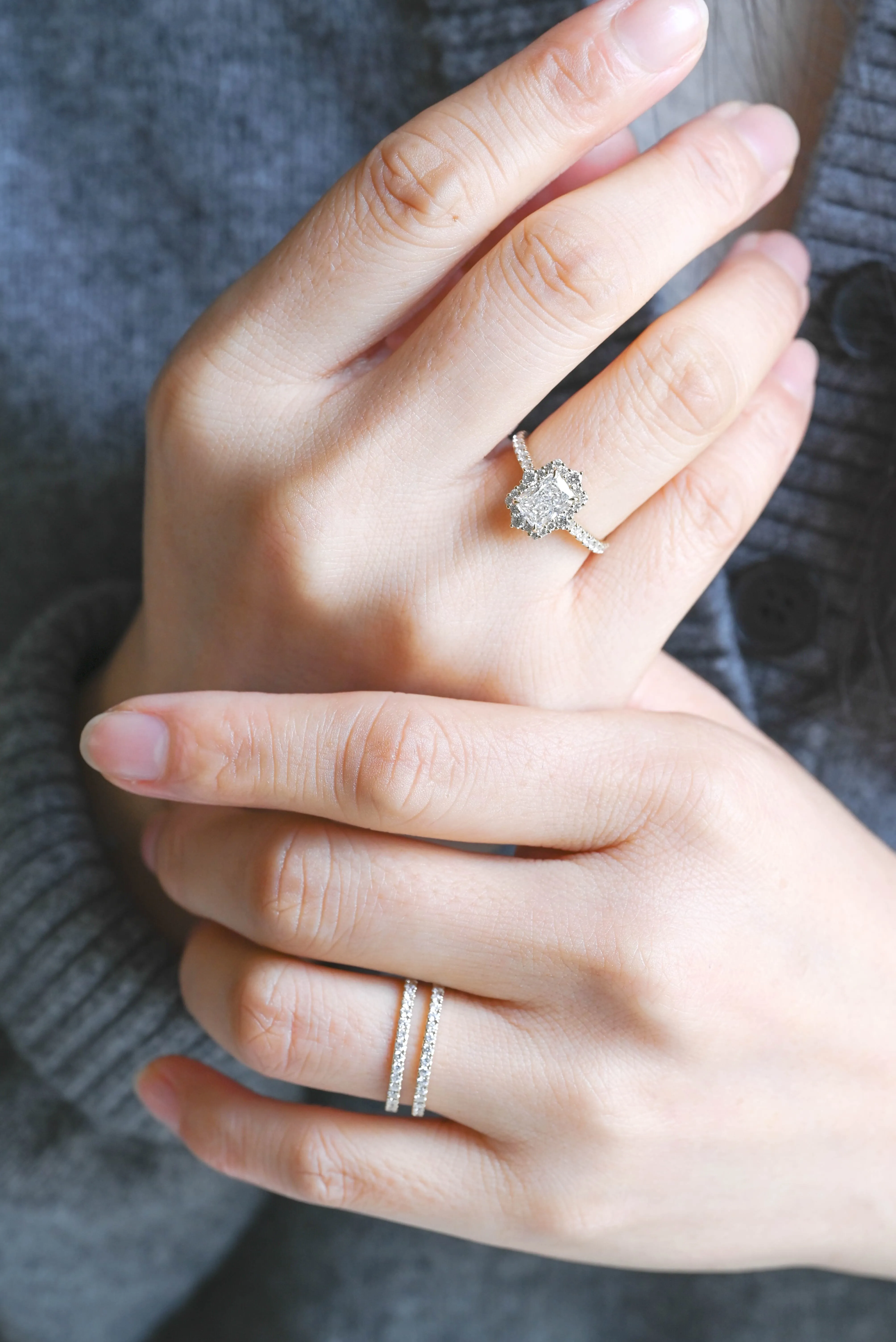Solid Gold Vintage Halo Radiant Cut Lab Diamond Engagement Ring | D Color VS1 IGI Certified sold by Causyou product image thumbnail 3