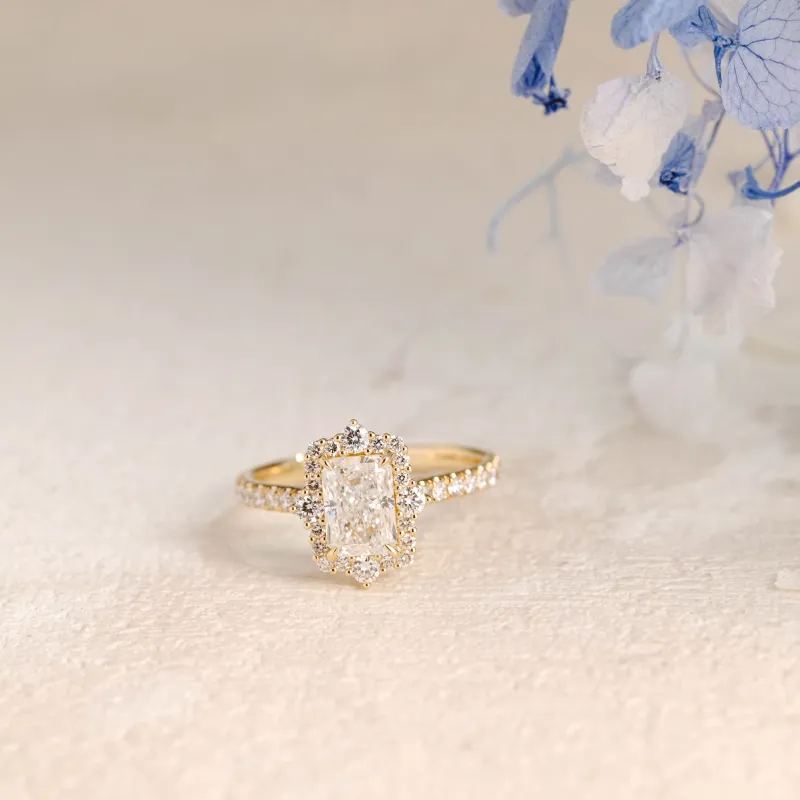 Solid Gold Vintage Halo Radiant Cut Lab Diamond Engagement Ring | D Color VS1 IGI Certified made by Causyou