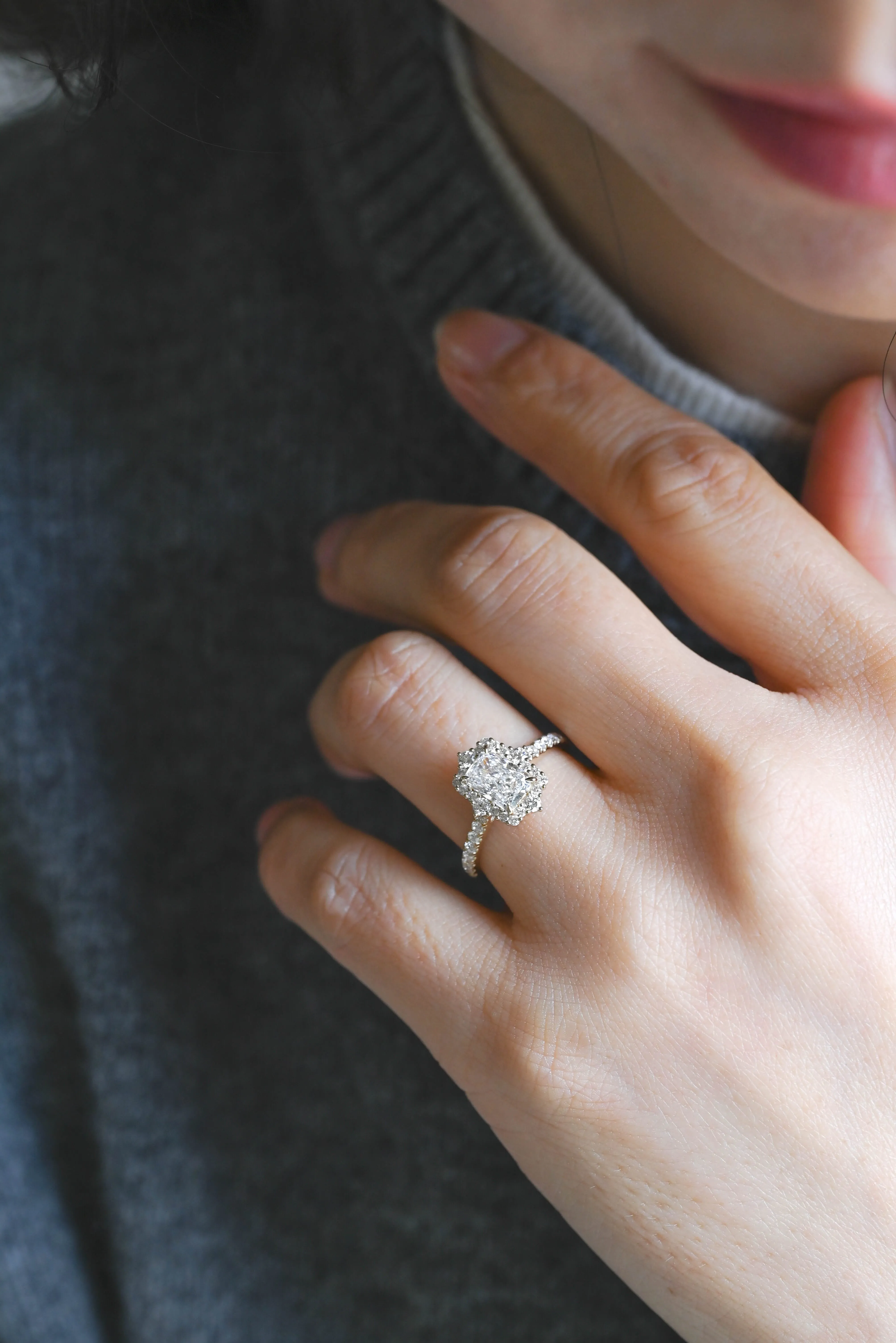 Solid Gold Vintage Halo Radiant Cut Lab Diamond Engagement Ring | D Color VS1 IGI Certified sold by Causyou product image thumbnail 2