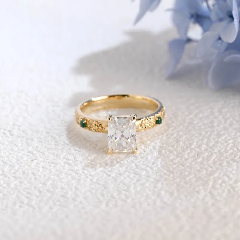 Solid Gold Vintage Filigree Radiant Cut Moissanite Engagement Ring with Lab Emerald made by Causyou