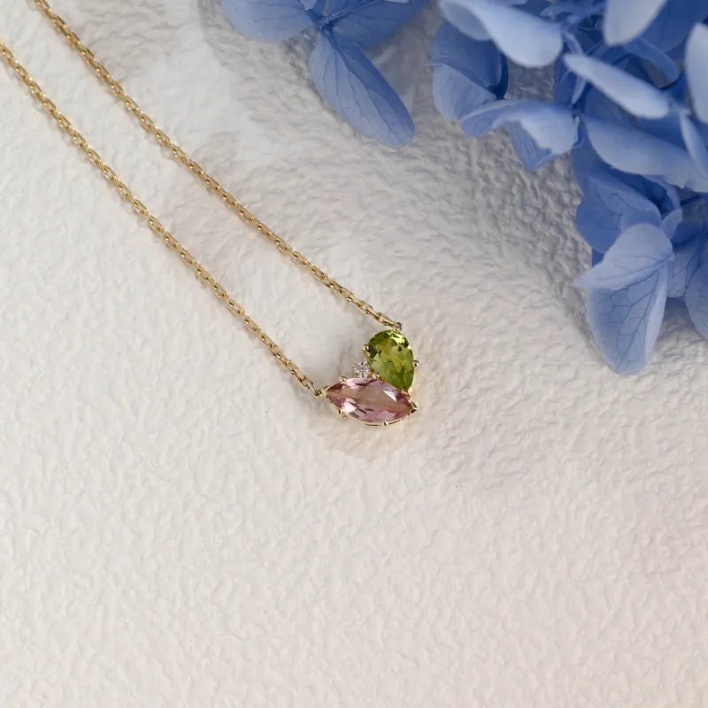 Solid Gold Solid Gold Marquise Pink Tourmaline & Pear Peridot Pendant, Birthstone Toi et Moi Personalized Gift made by Causyou