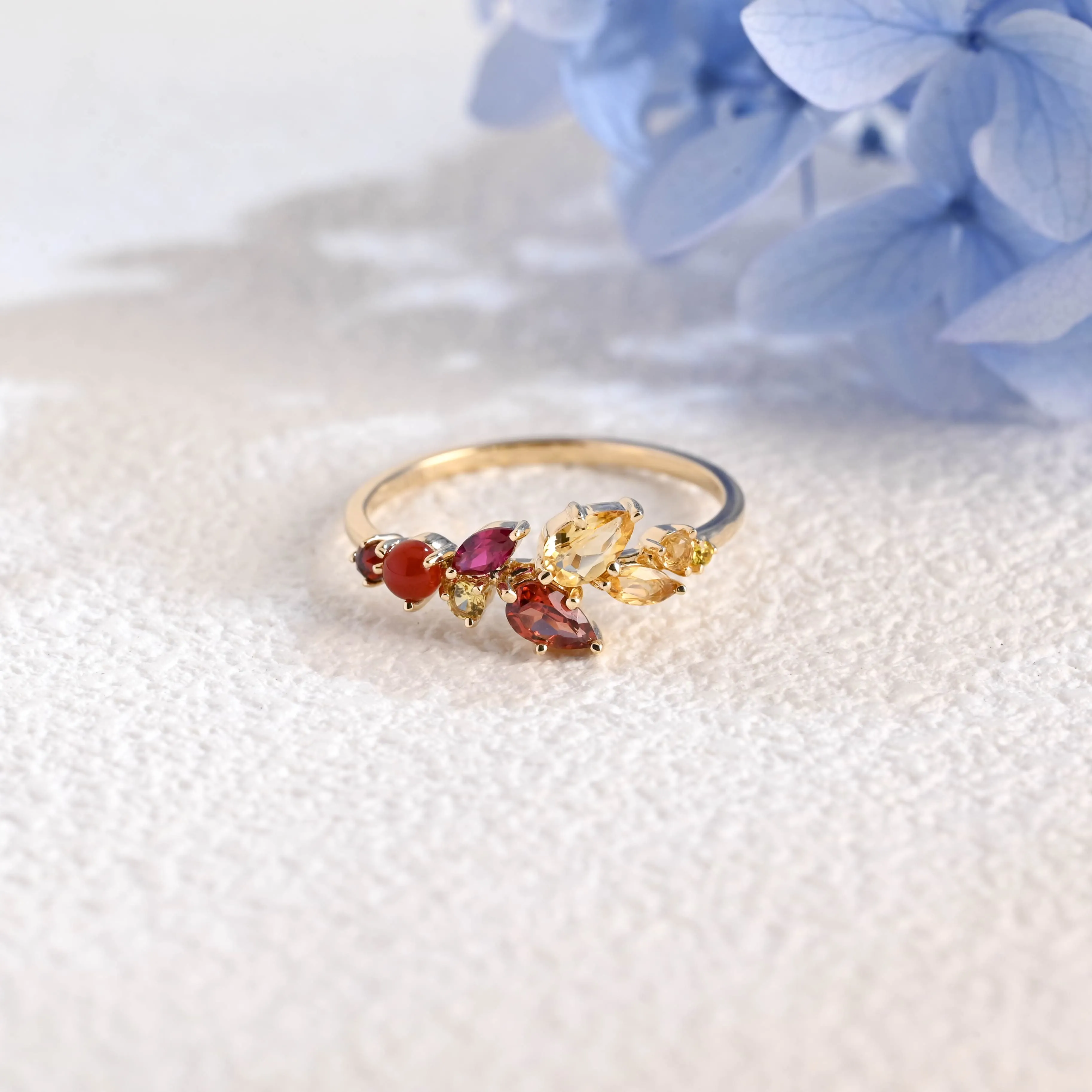 Solid Gold Leaf Branch Colored Birthstone Wedding Band, Cluster Ring sold by Causyou