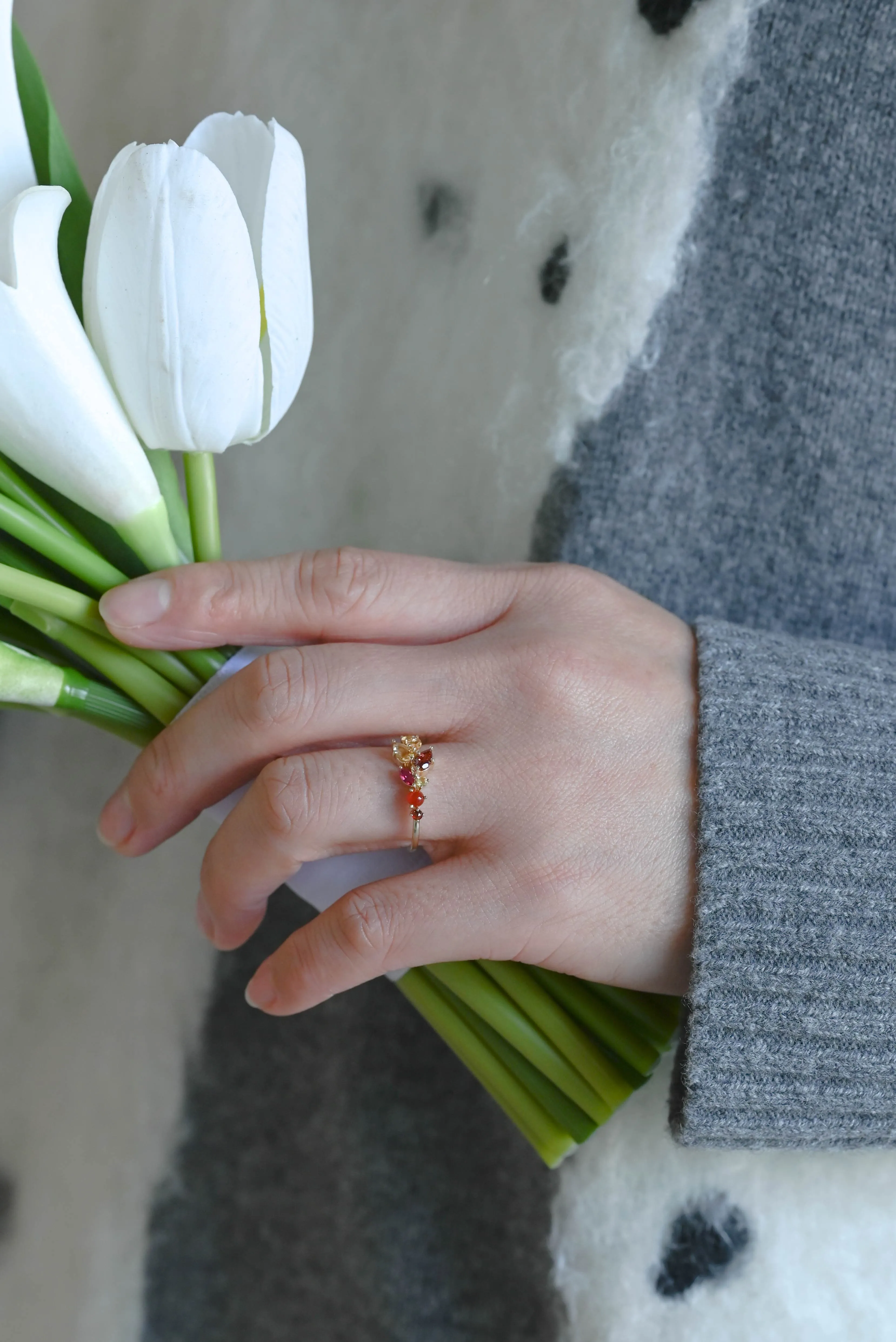 Solid Gold Leaf Branch Colored Birthstone Wedding Band, Cluster Ring sold by Causyou product image thumbnail 3