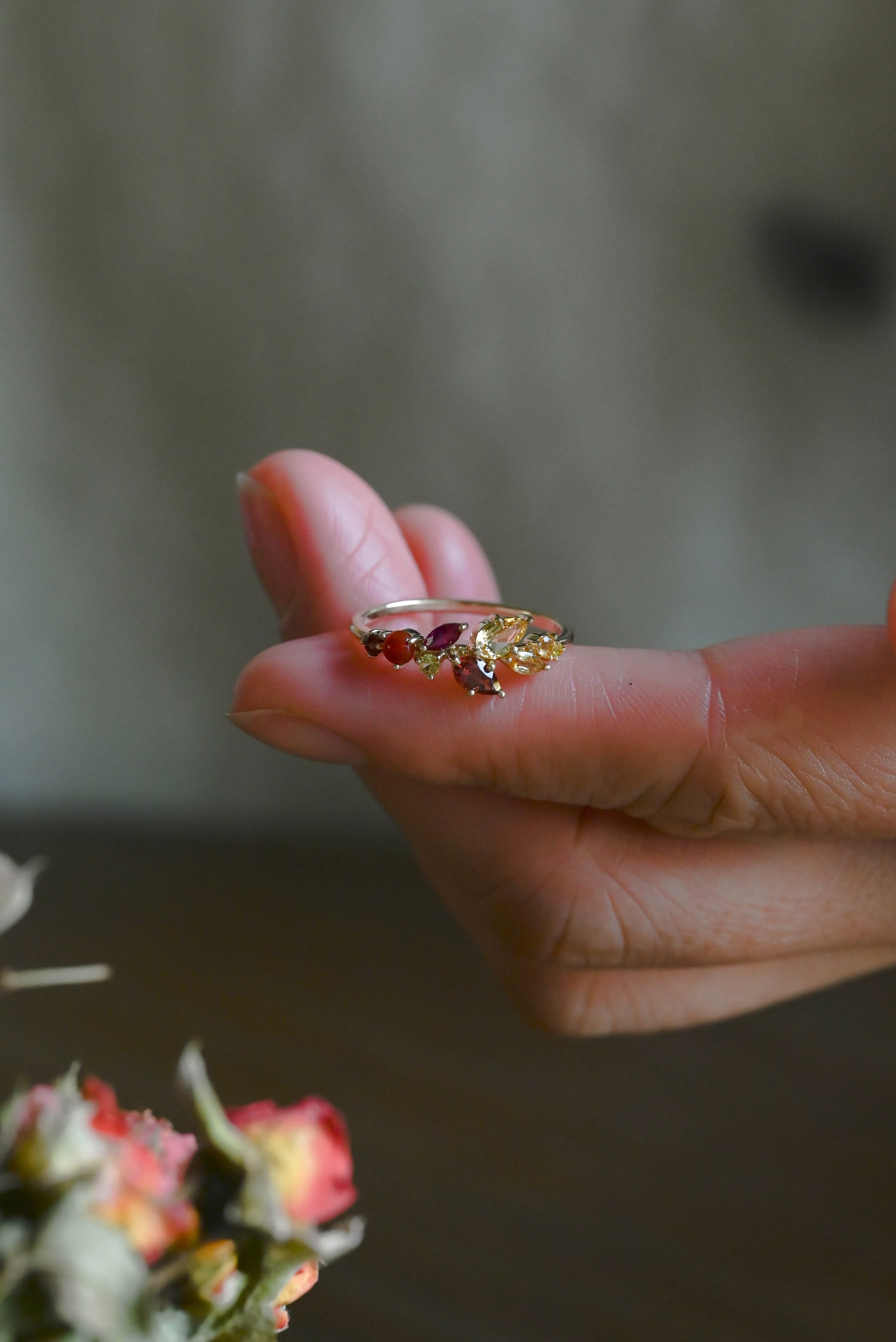 Solid Gold Leaf Branch Colored Birthstone Wedding Band, Cluster Ring sold by Causyou product image thumbnail 4