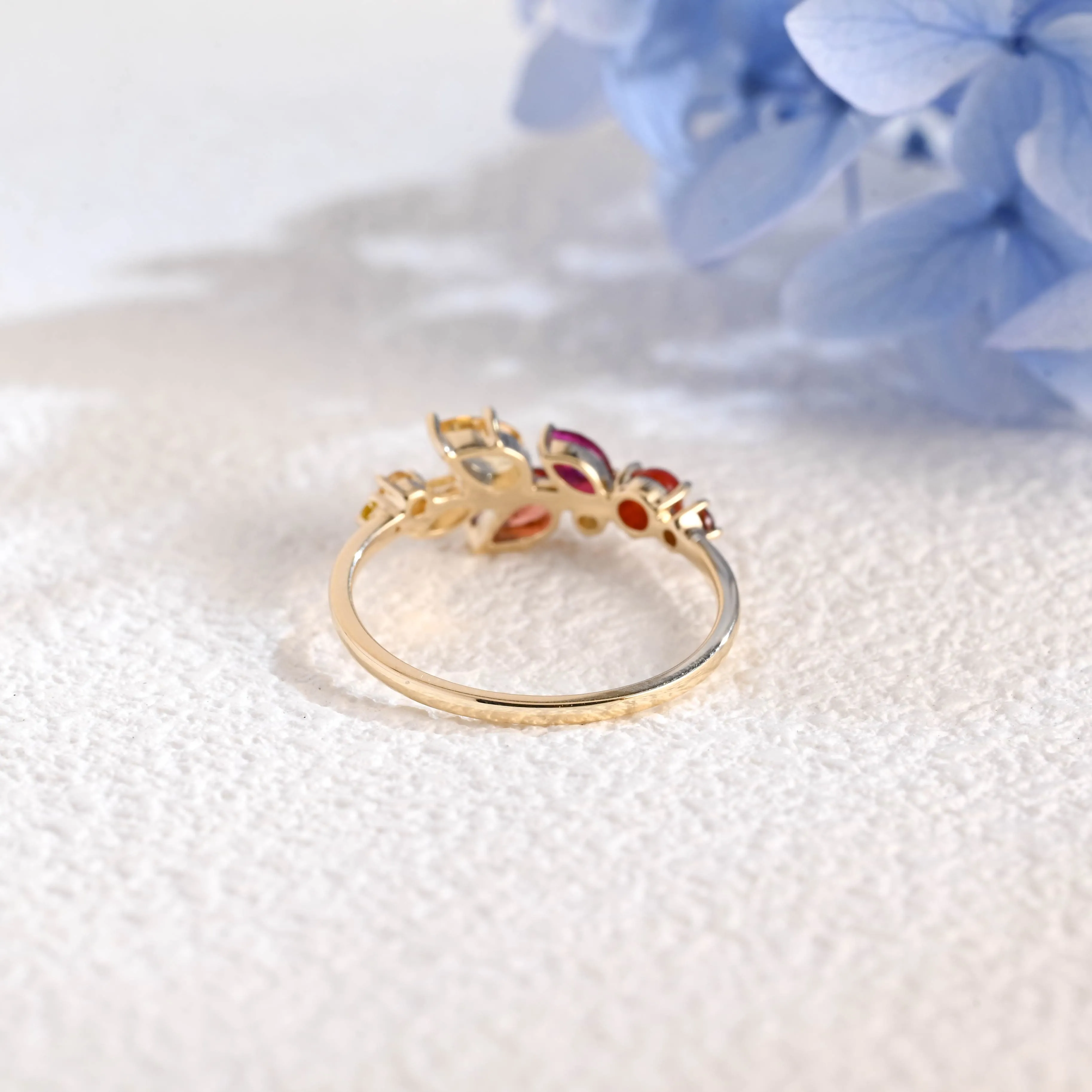 Solid Gold Leaf Branch Colored Birthstone Wedding Band, Cluster Ring sold by Causyou product image thumbnail 5