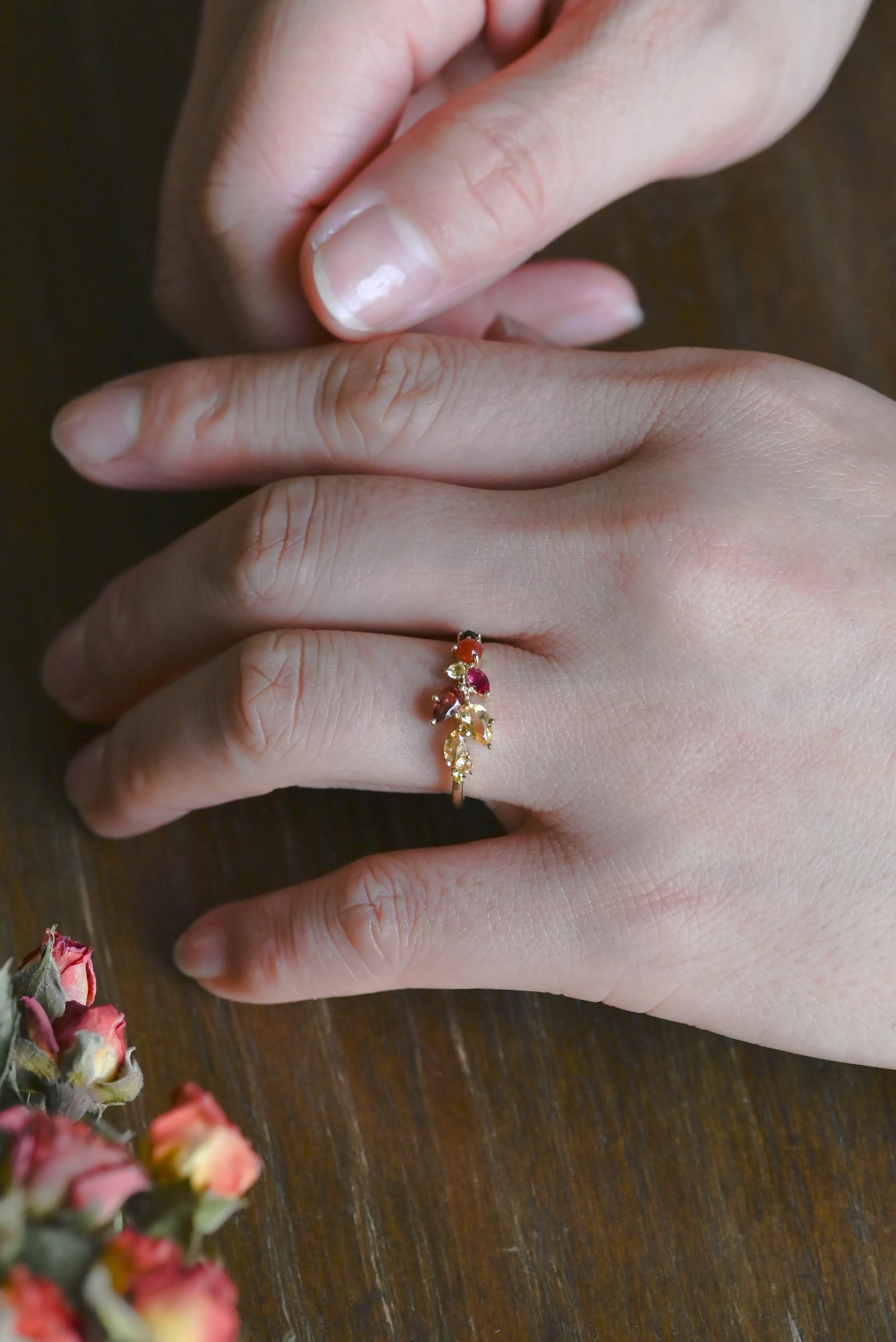 Solid Gold Leaf Branch Colored Birthstone Wedding Band, Cluster Ring sold by Causyou product image thumbnail 2