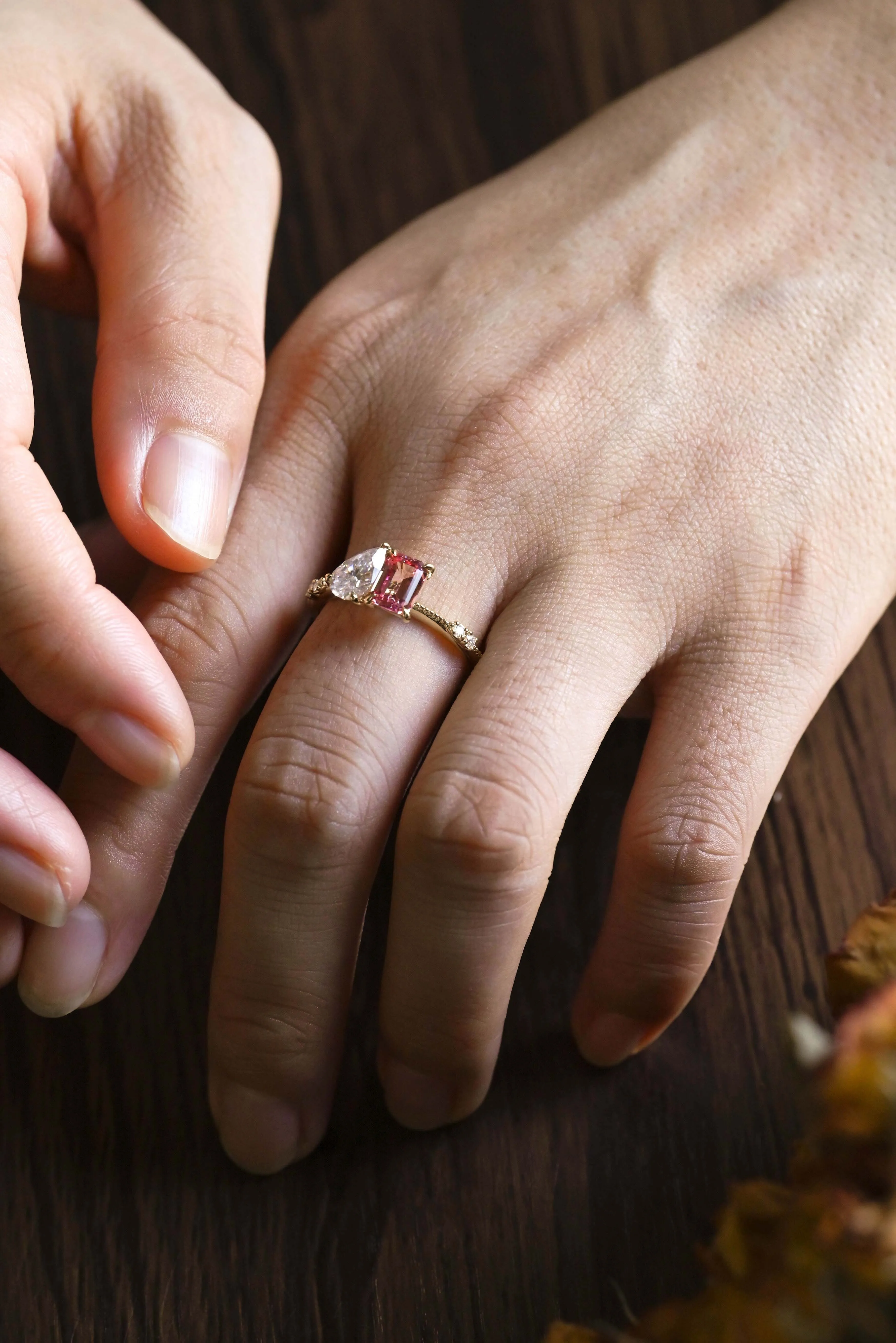 Solid Gold Toi et Moi Emerald Cut Moissanite & Pink Sapphire Engagement Ring sold by Causyou product image thumbnail 3
