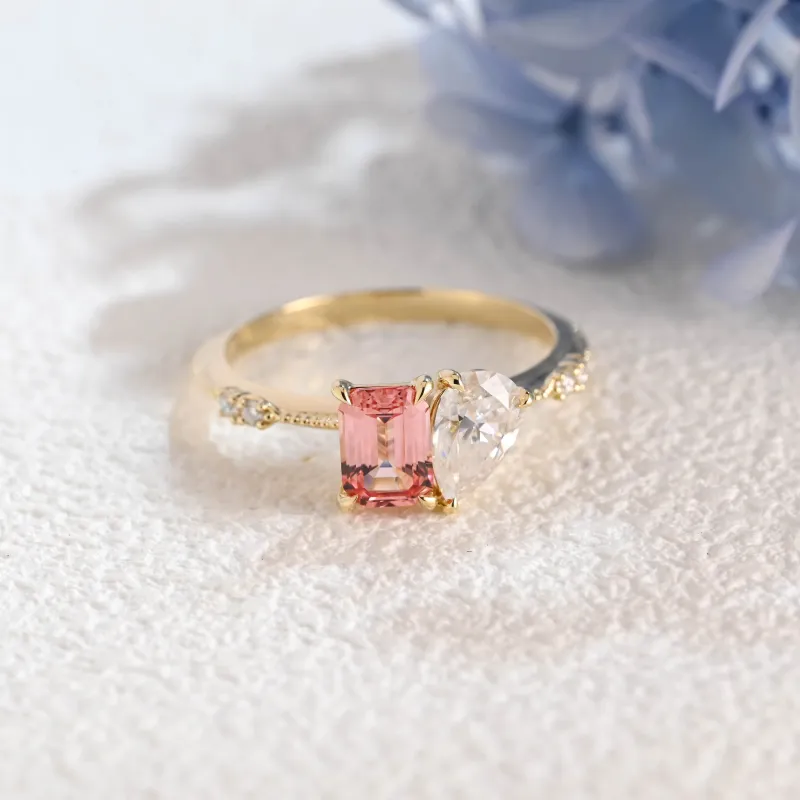 Solid Gold Toi et Moi Emerald Cut Moissanite & Pink Sapphire Engagement Ring made by Causyou