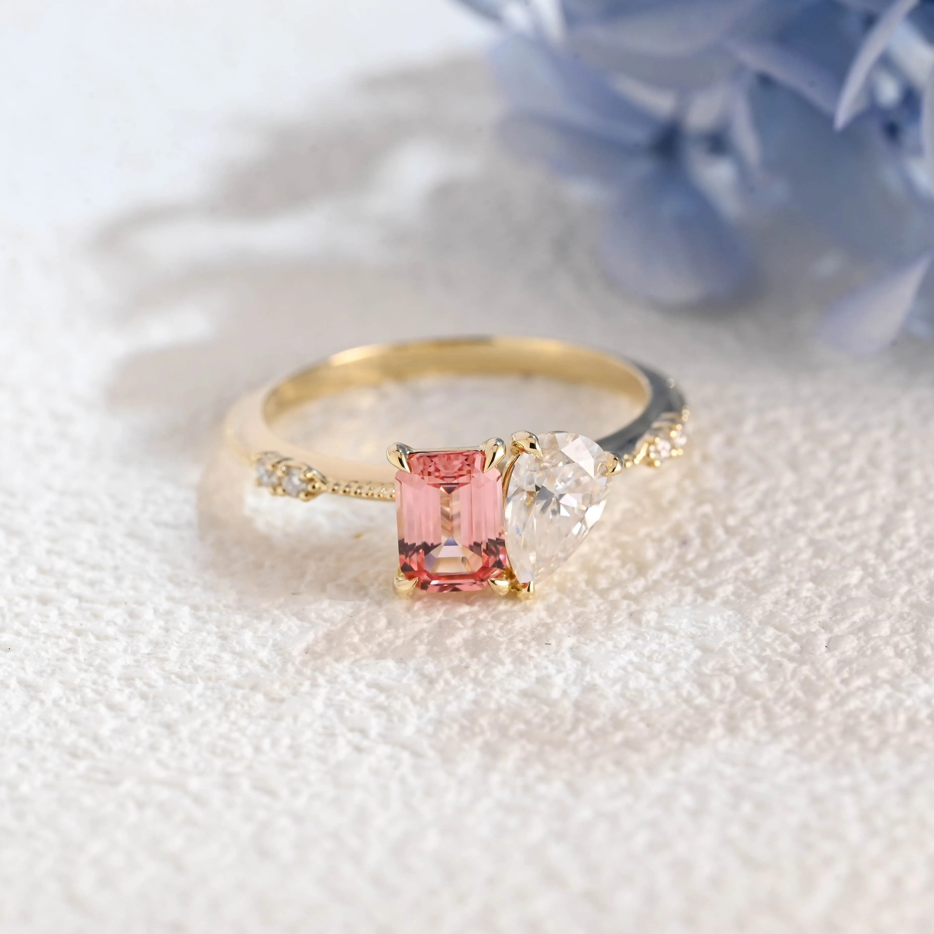 Solid Gold Toi et Moi Emerald Cut Moissanite & Pink Sapphire Engagement Ring sold by Causyou