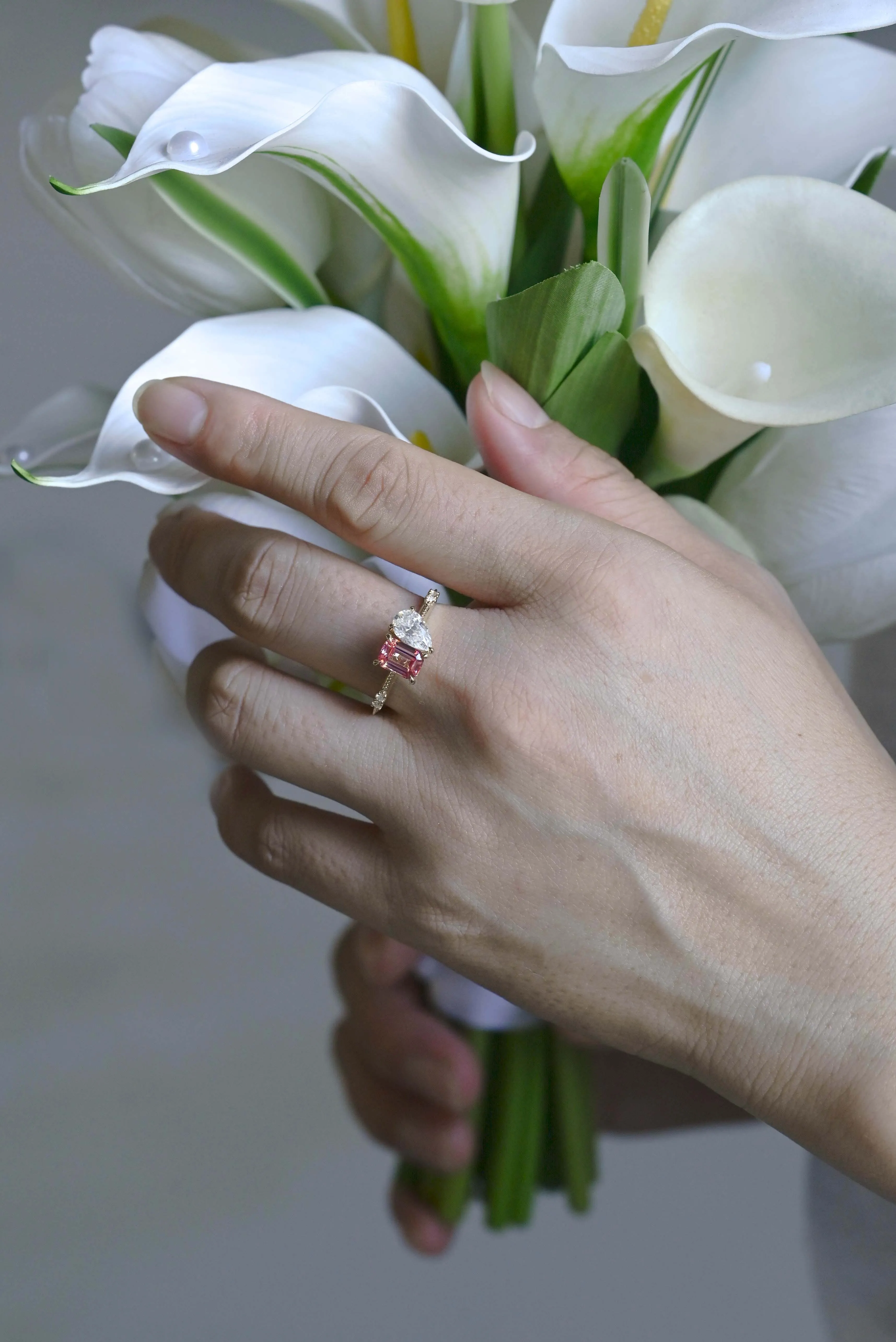 Solid Gold Toi et Moi Emerald Cut Moissanite & Pink Sapphire Engagement Ring sold by Causyou product image thumbnail 2