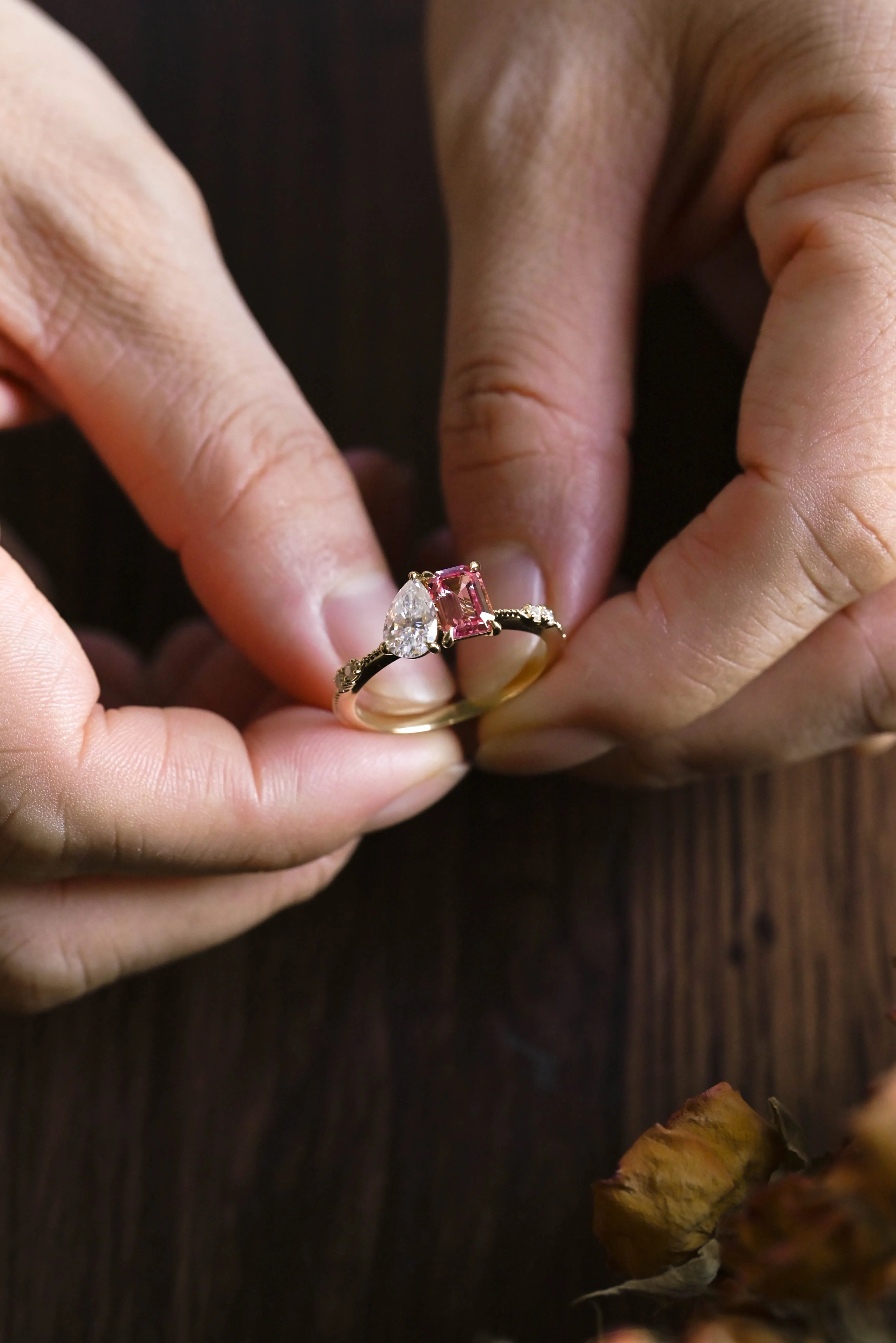 Solid Gold Toi et Moi Emerald Cut Moissanite & Pink Sapphire Engagement Ring sold by Causyou product image thumbnail 4