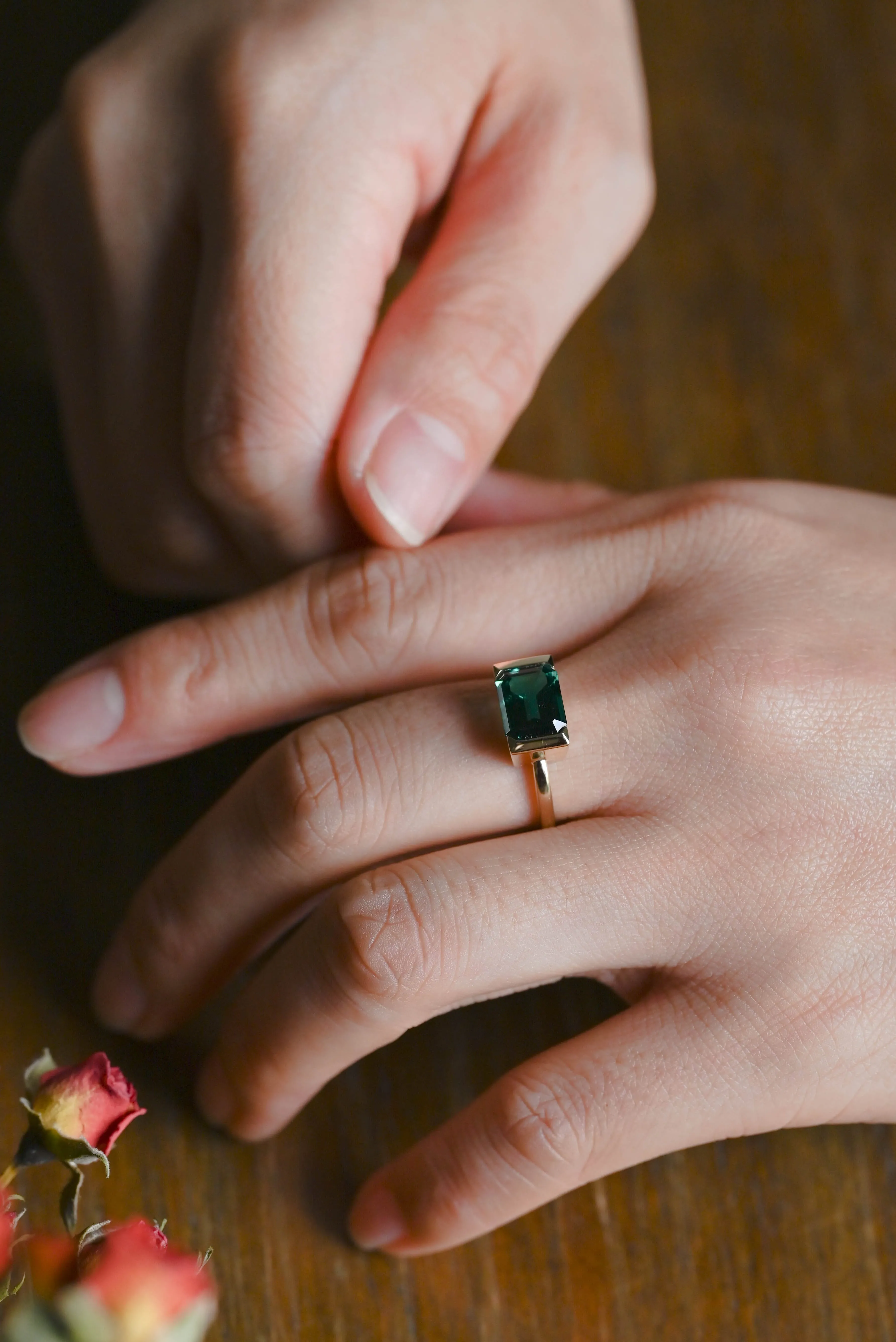 Solid Gold Solitaire Half Bezel Lab Grown Emerald Engagement Ring sold by Causyou product image thumbnail 3