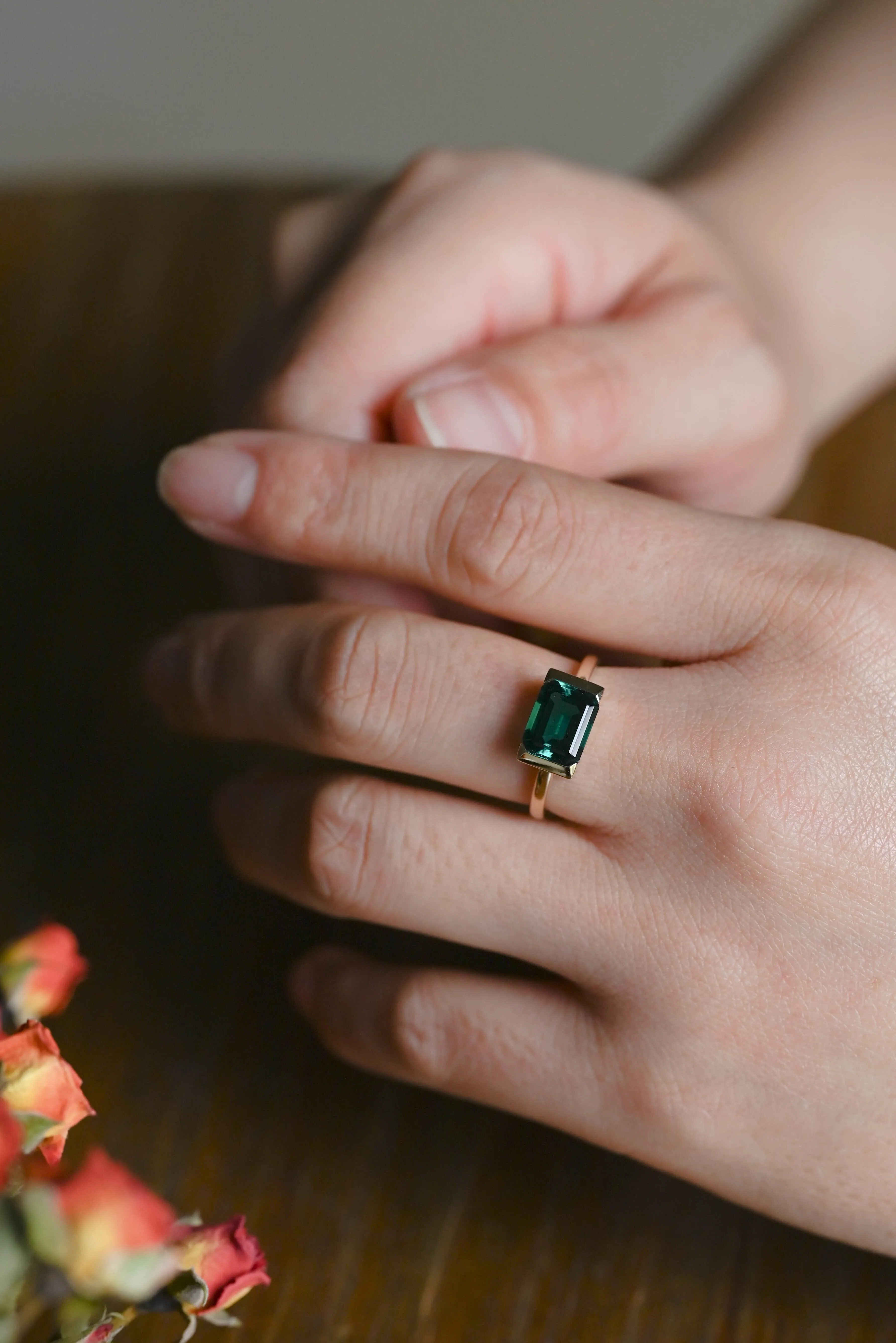 Solid Gold Solitaire Half Bezel Lab Grown Emerald Engagement Ring sold by Causyou product image thumbnail 2