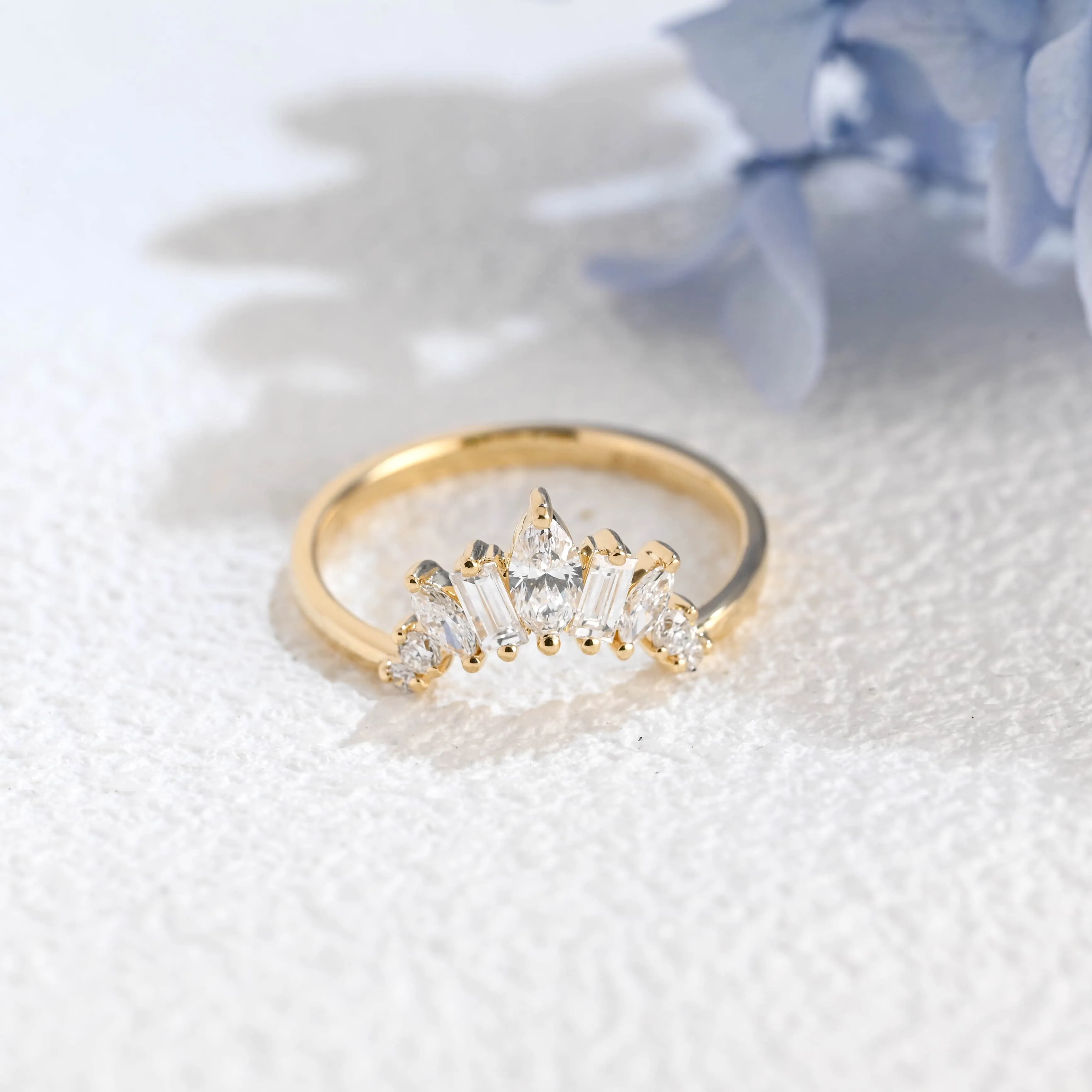 Solid Gold Lab Diamond Wedding Band, Sunburst Tapered Curved Ring sold by Causyou product image thumbnail 5