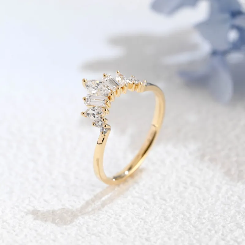 Solid Gold Lab Diamond Wedding Band, Sunburst Tapered Curved Ring made by Causyou