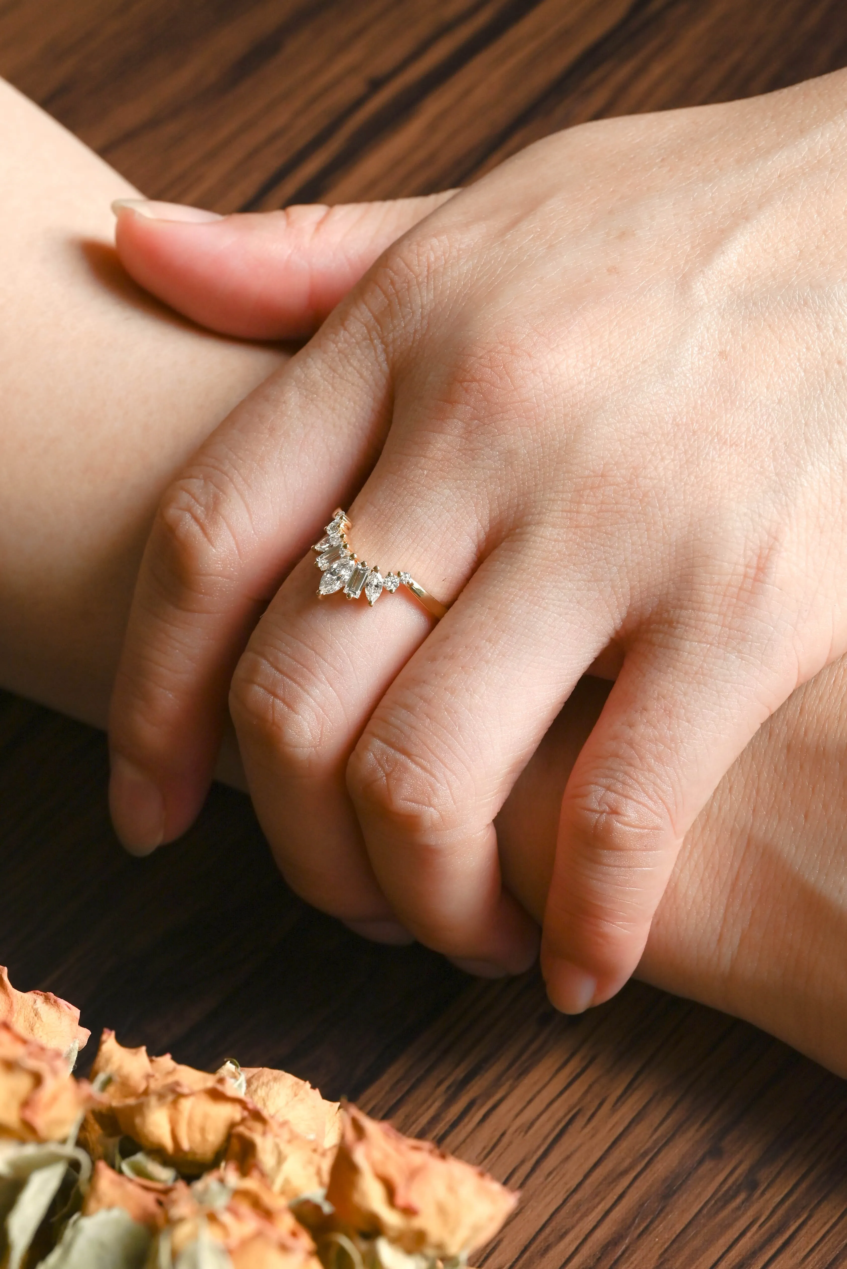 Solid Gold Lab Diamond Wedding Band, Sunburst Tapered Curved Ring sold by Causyou product image thumbnail 2