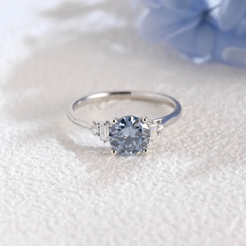 Solid Gold Three Stone Round Cut Blue Moissanite Engagement Ring made by Causyou