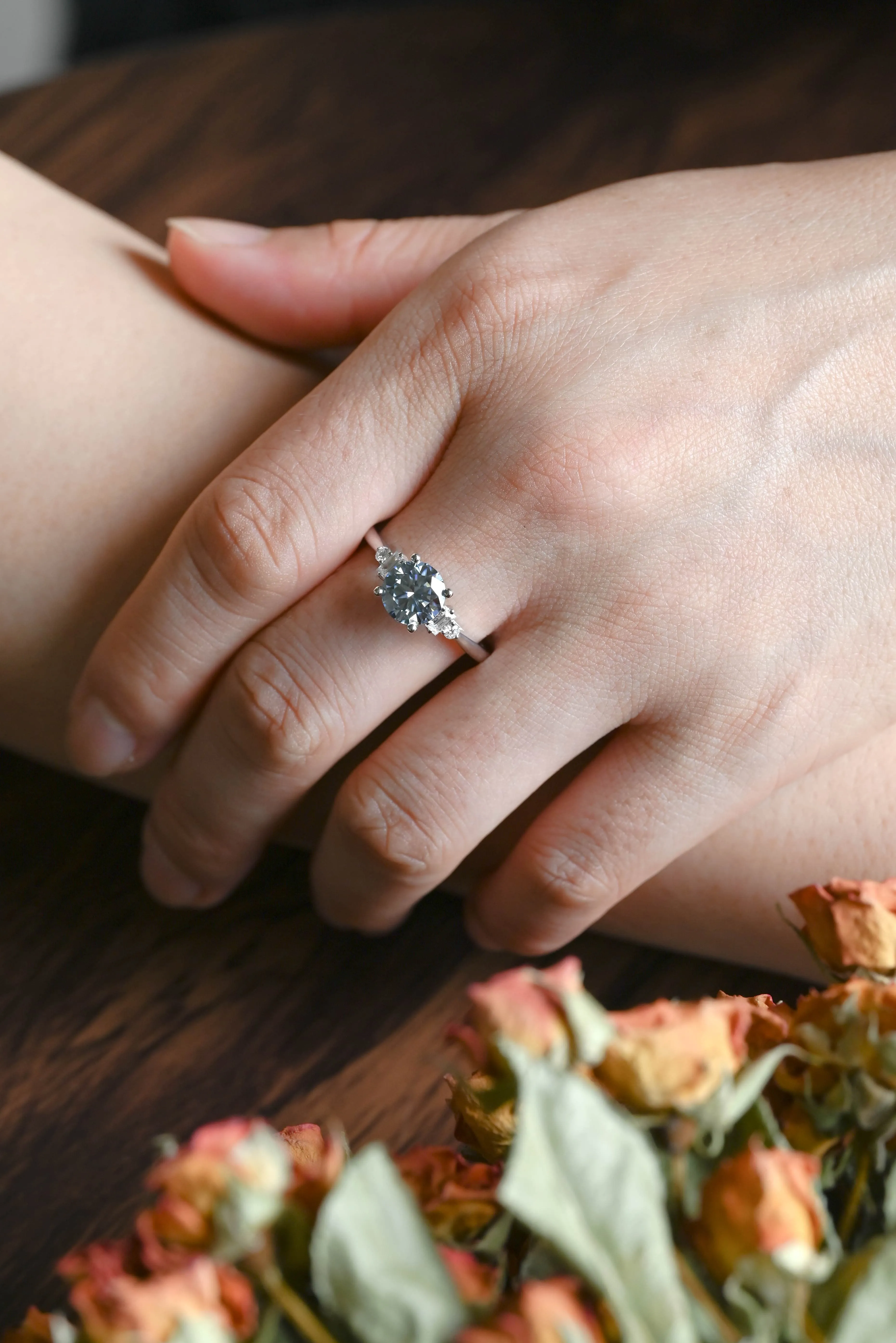 Solid Gold Three Stone Round Cut Blue Moissanite Engagement Ring sold by Causyou product image thumbnail 2