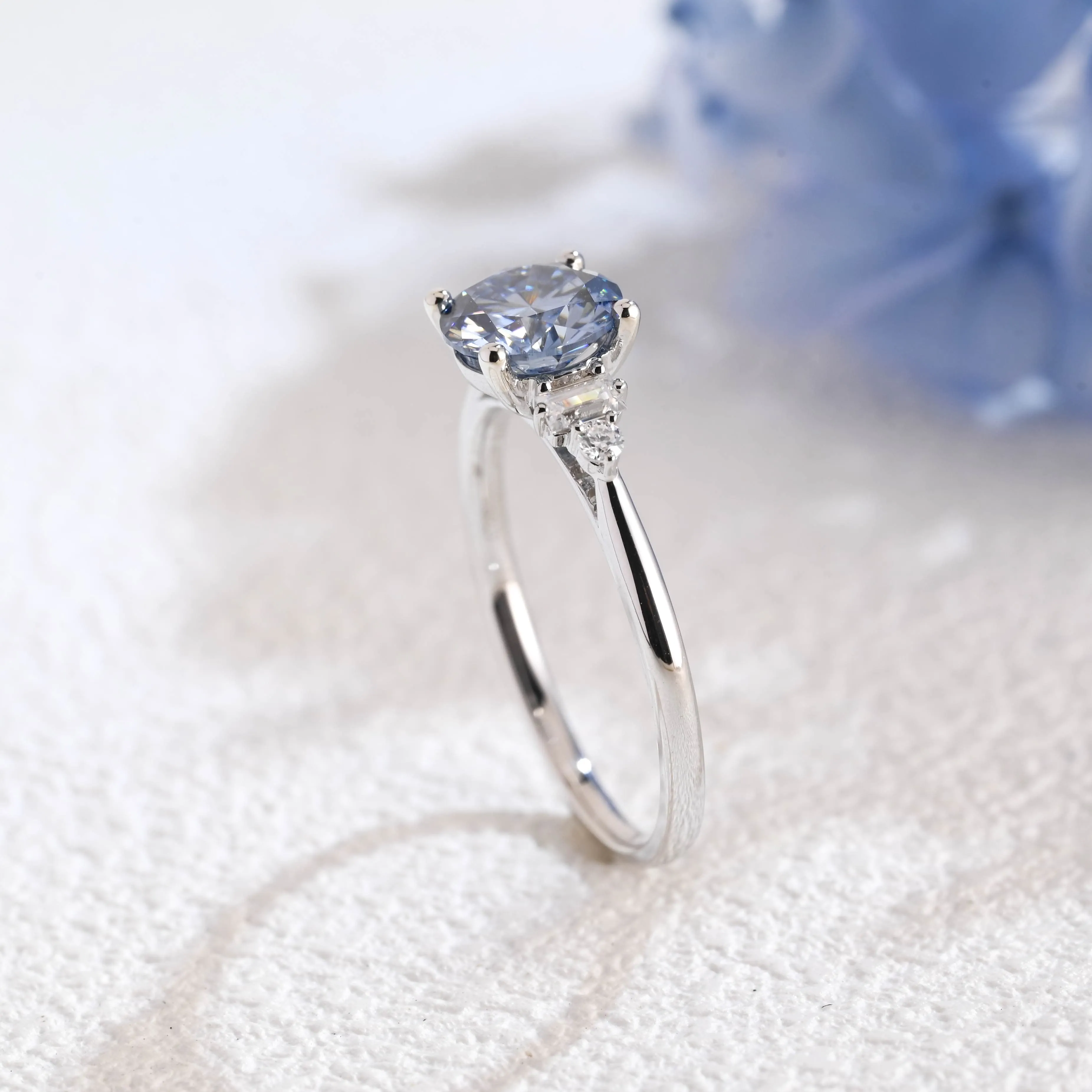 Solid Gold Three Stone Round Cut Blue Moissanite Engagement Ring sold by Causyou product image thumbnail 5