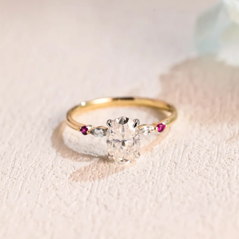 Solid Gold Sapphire Accented Oval Cut Moissanite Engagement Ring made by Causyou