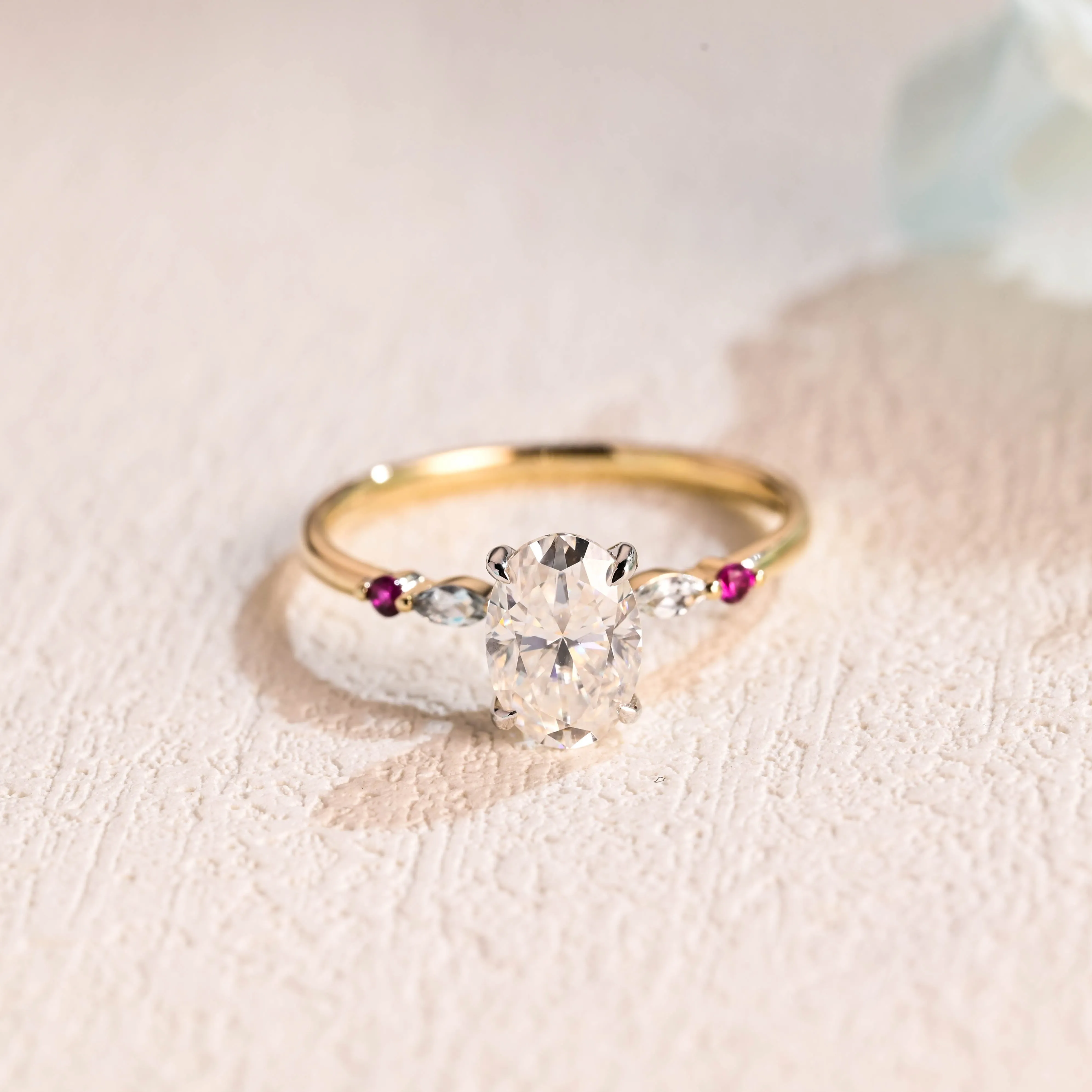 Solid Gold Sapphire Accented Oval Cut Moissanite Engagement Ring sold by Causyou