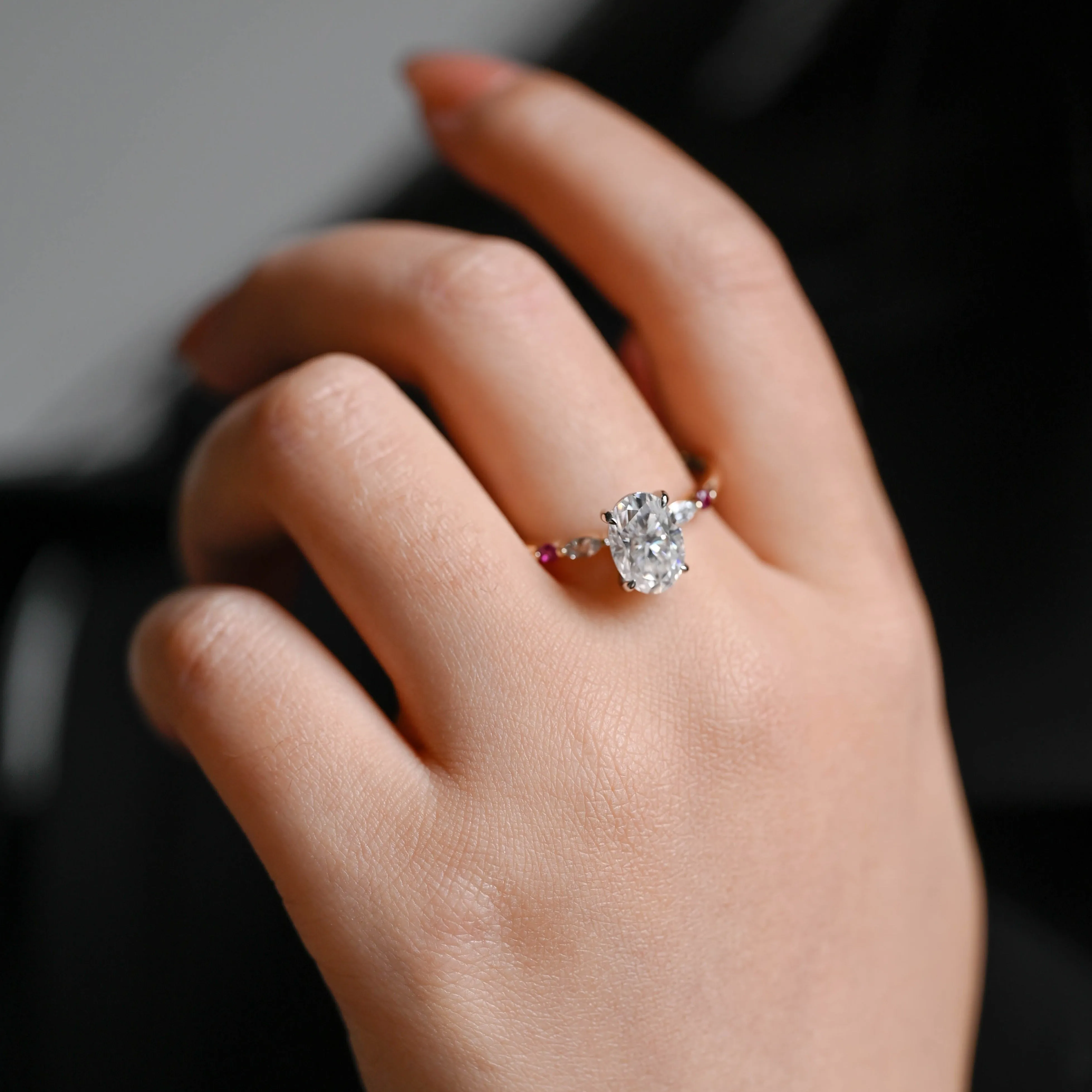 Solid Gold Sapphire Accented Oval Cut Moissanite Engagement Ring sold by Causyou product image thumbnail 3