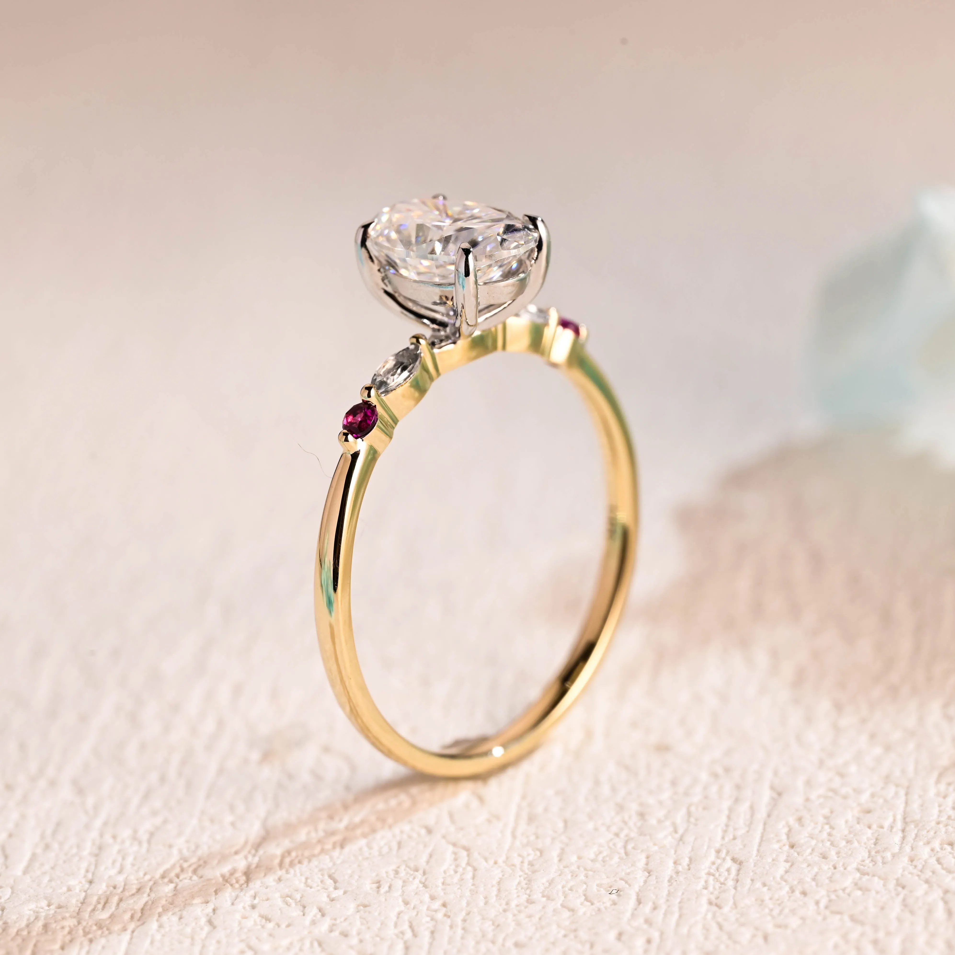 Solid Gold Sapphire Accented Oval Cut Moissanite Engagement Ring sold by Causyou product image thumbnail 5