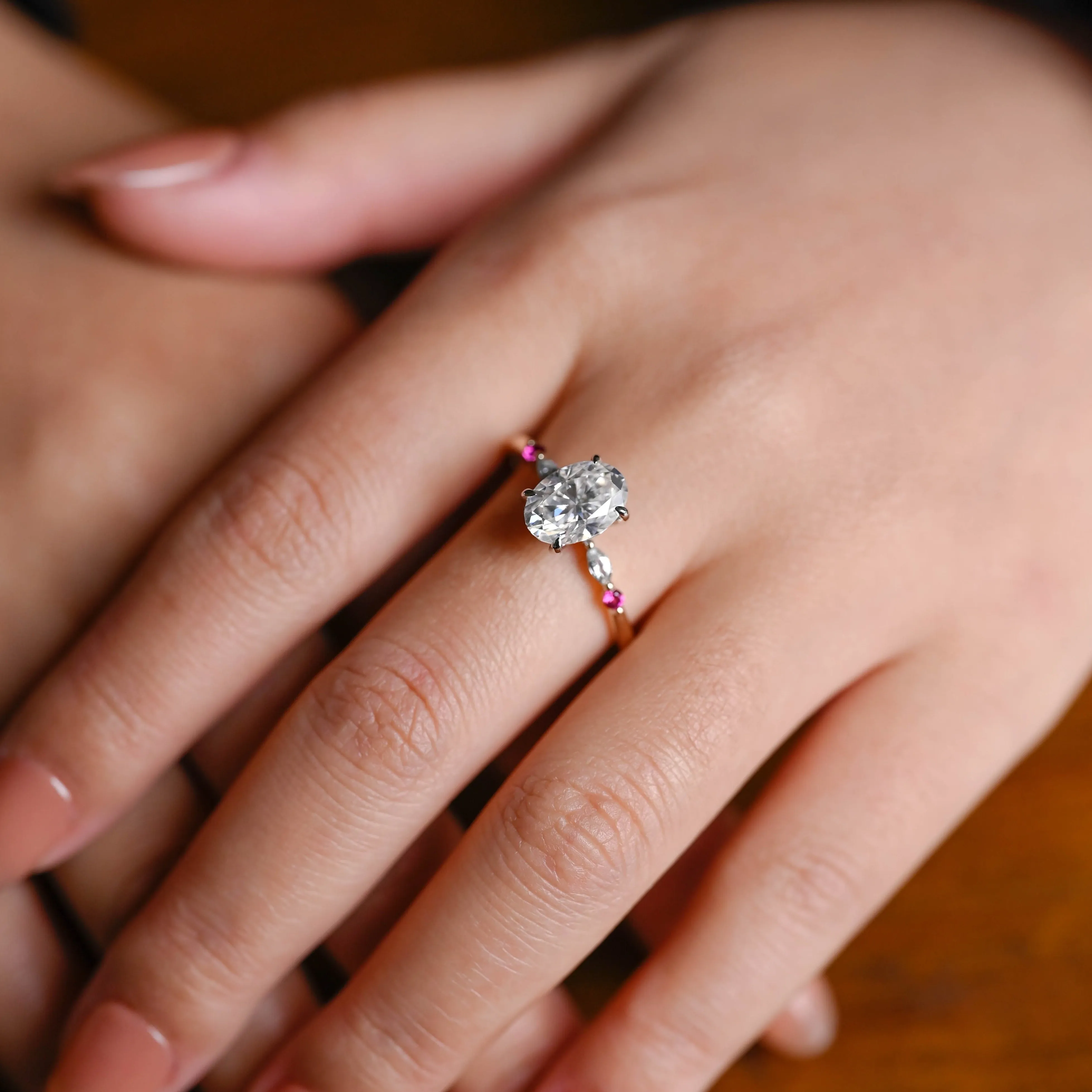 Solid Gold Sapphire Accented Oval Cut Moissanite Engagement Ring sold by Causyou product image thumbnail 4