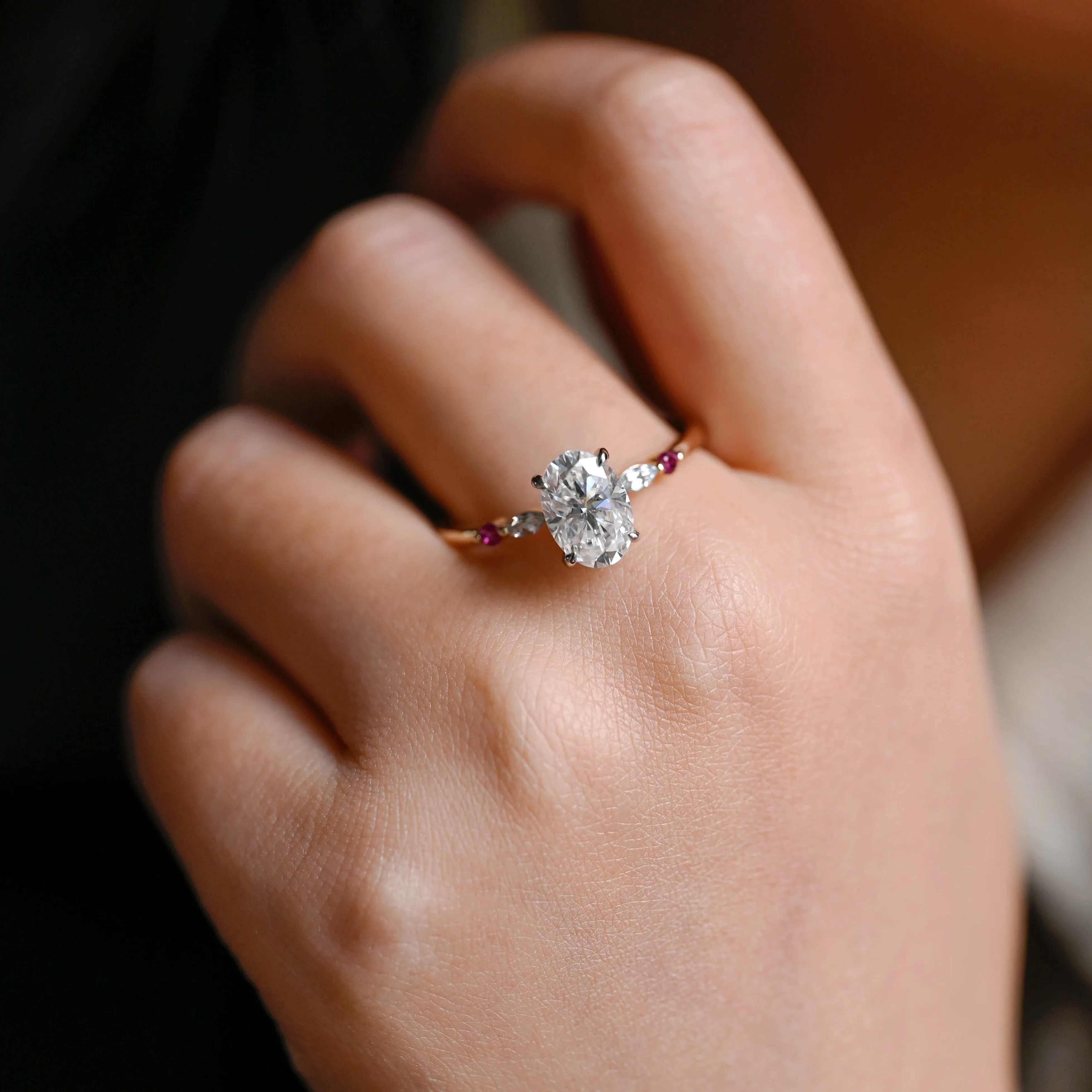Solid Gold Sapphire Accented Oval Cut Moissanite Engagement Ring sold by Causyou product image thumbnail 2