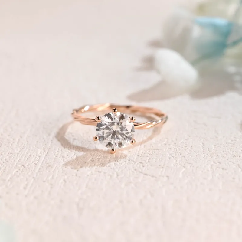 Solid Gold Twisted Band Round Cut Moissanite Engagement Ring, Solitaire Ring sold by Causyou