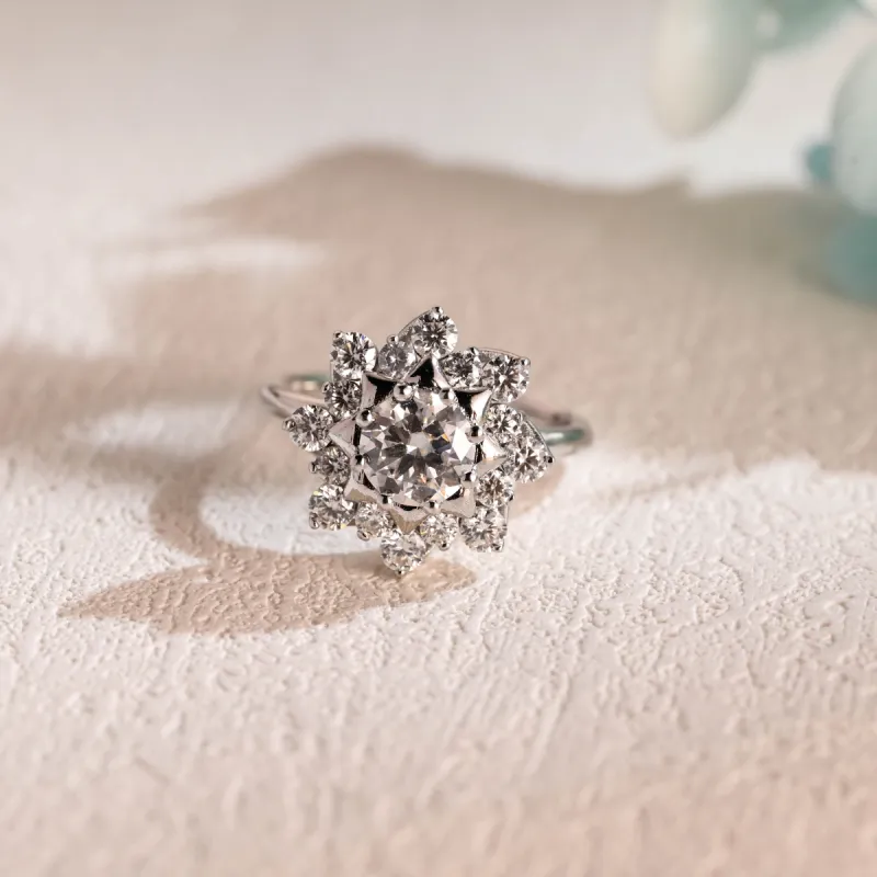 Solid Gold Floral Halo Round Moissanite Engagement Ring sold by Causyou