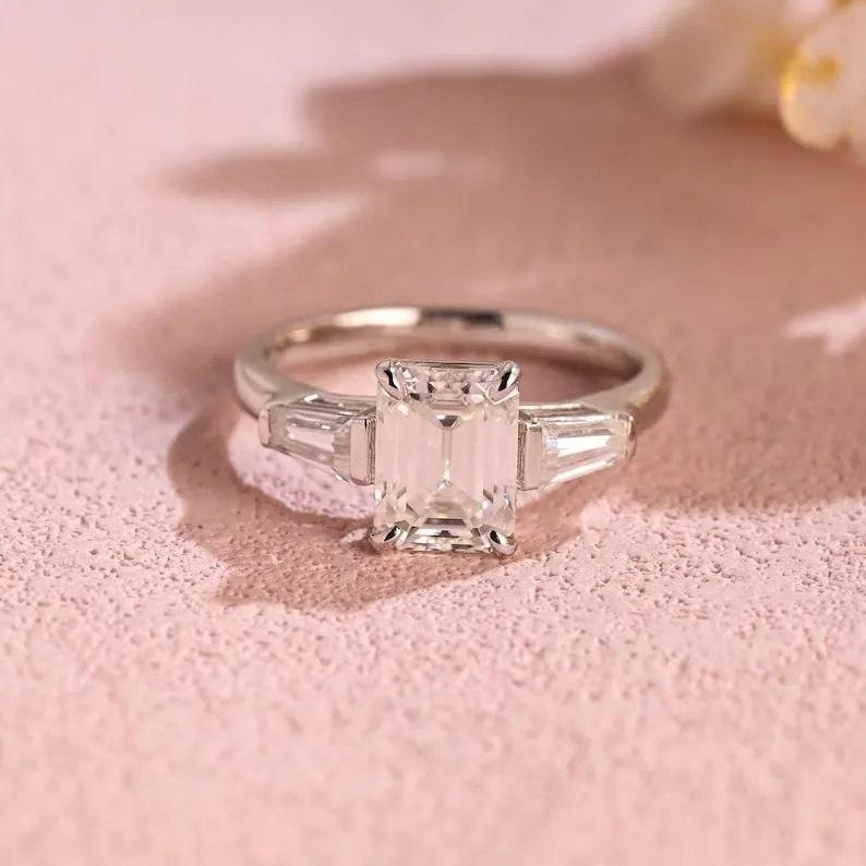 Custom Order: Solid Gold Emerald & Baguette Moissanite Engagement Ring sold by Causyou