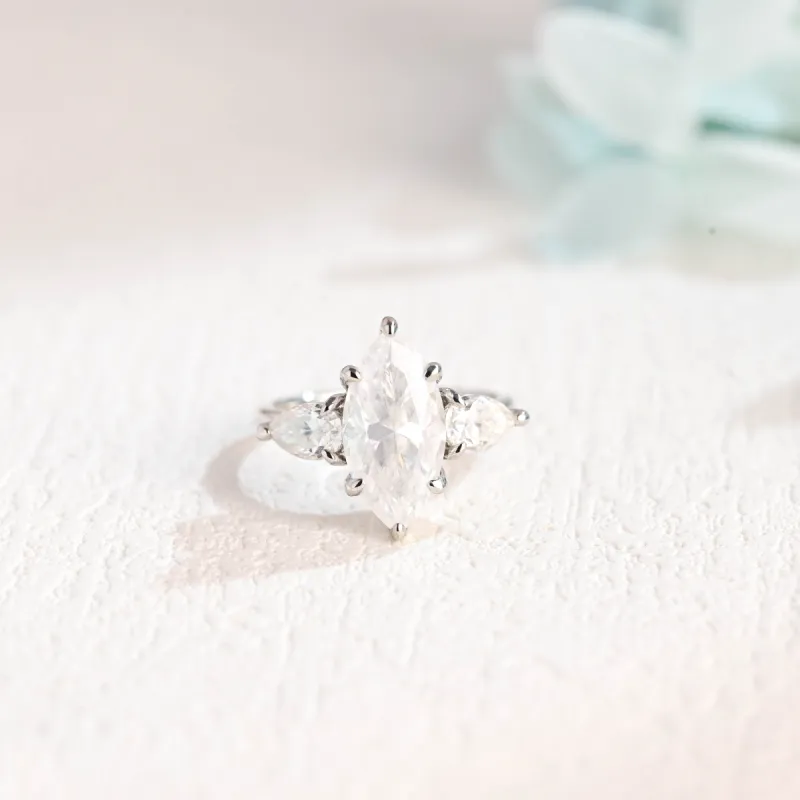 Solid Gold Three Stone Marquise Cut Moissanite Engagement Ring sold by Causyou