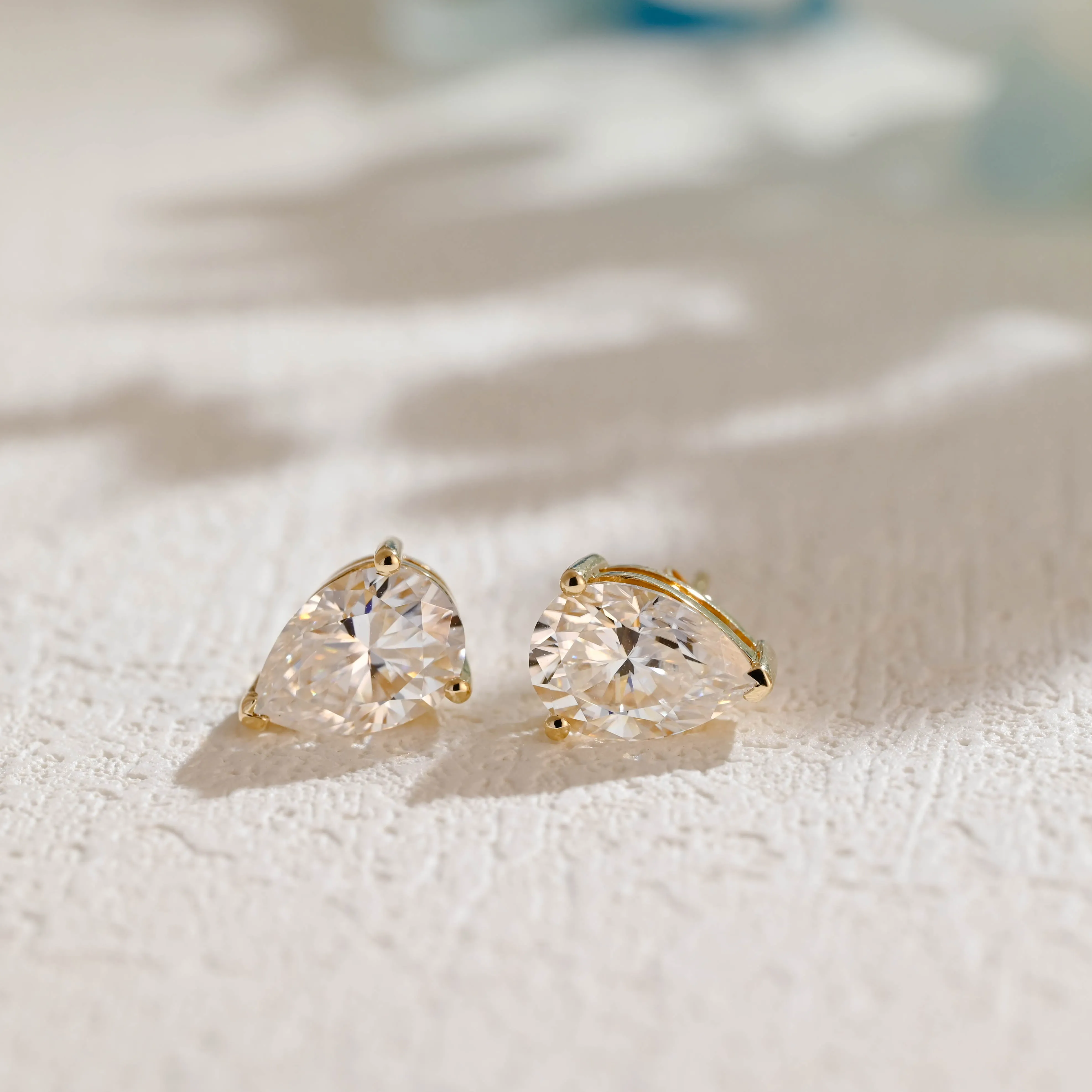 Solid Gold Solitaire Teardrop Pear Cut Moissanite Earrings Studs sold by Causyou