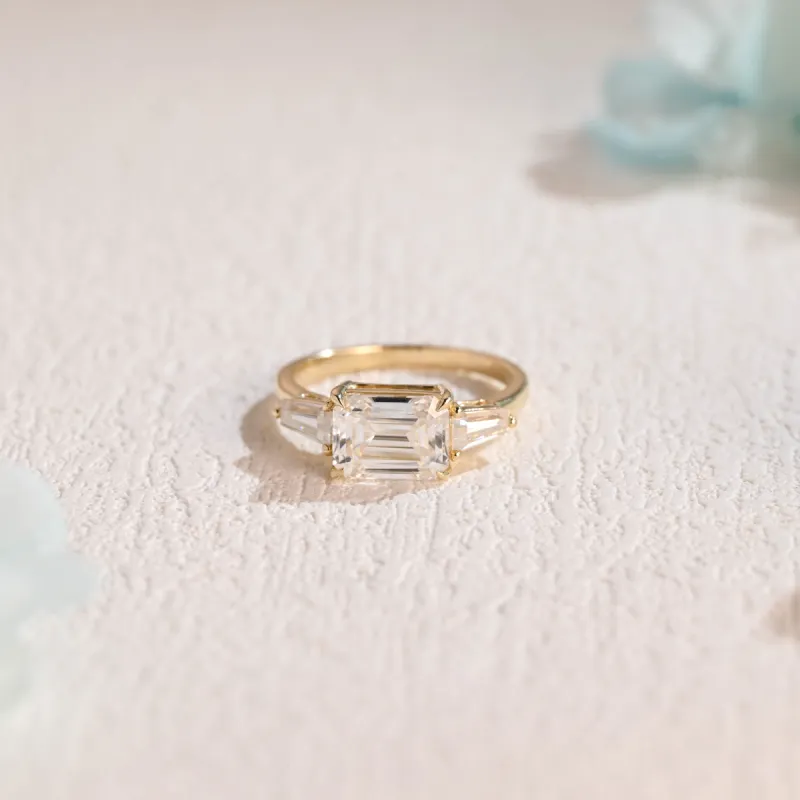 Solid Gold Emerald Cut Moissanite Engagement Ring, Three Stone Promise Ring, Proposal Ring, Gift for Woman, Wife sold by Causyou
