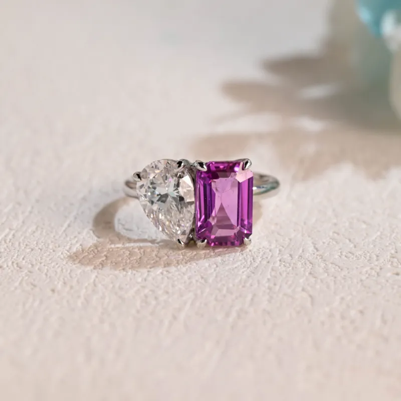 Solid Gold Toi Et Moi Ring, Pear Moissanite & Lab Grown Purple Sapphire Engagement Ring, Wedding Ring for Women sold by Causyou