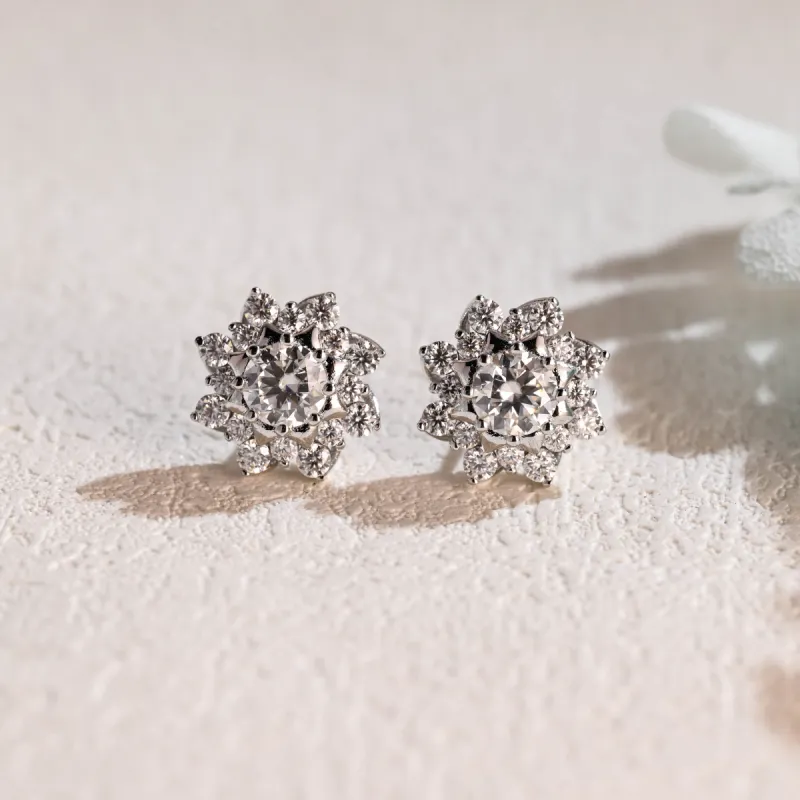 CausYou Solid Gold Floral Round Moissanite Earrings Studs, Nature Inspired Windmill Wedding Studs, Gift for Woman, Wife sold by Causyou