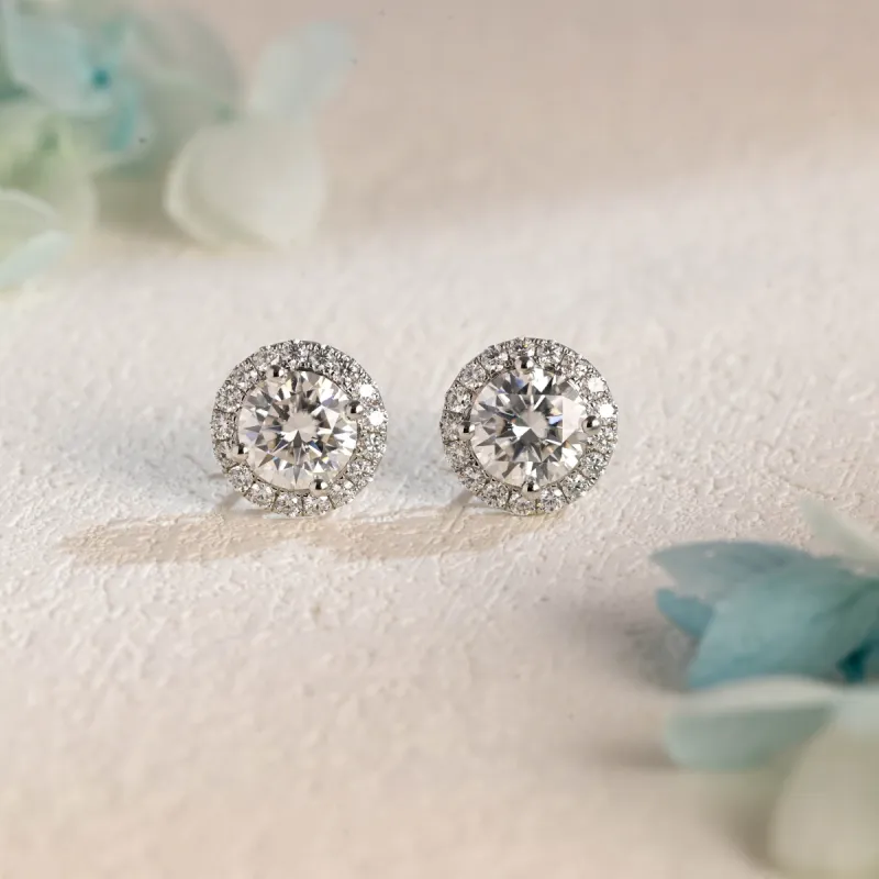 Solid Gold Halo Round Cut Moissanite Earrings Studs sold by Causyou