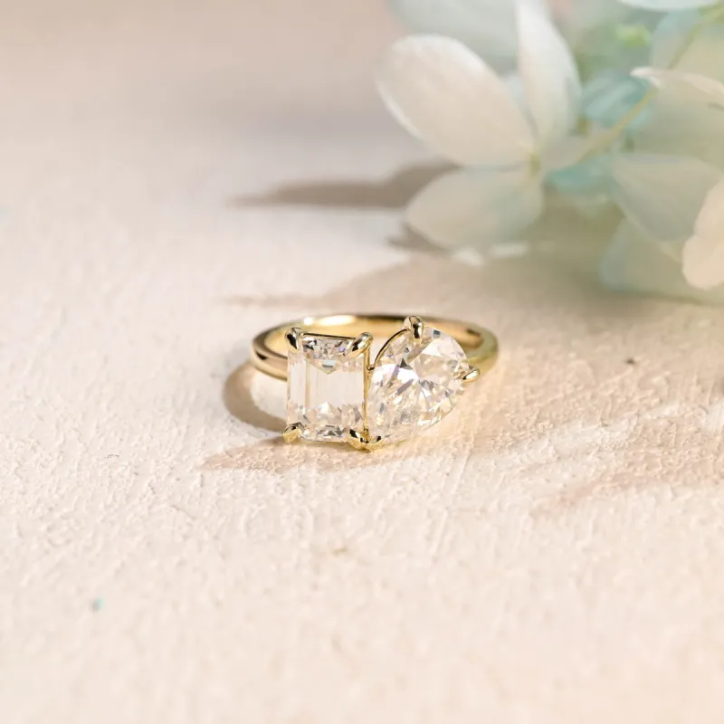 Solid Gold Toi et Moi Ring, Pear & Emerald Cut Moissanite Engagement Ring sold by Causyou