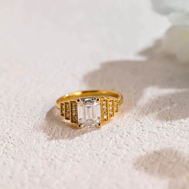 Solid Gold Emerald Cut Moissanite Engagement Ring, Wedding Ring, Proposal Ring, Gift for Woman sold by Causyou