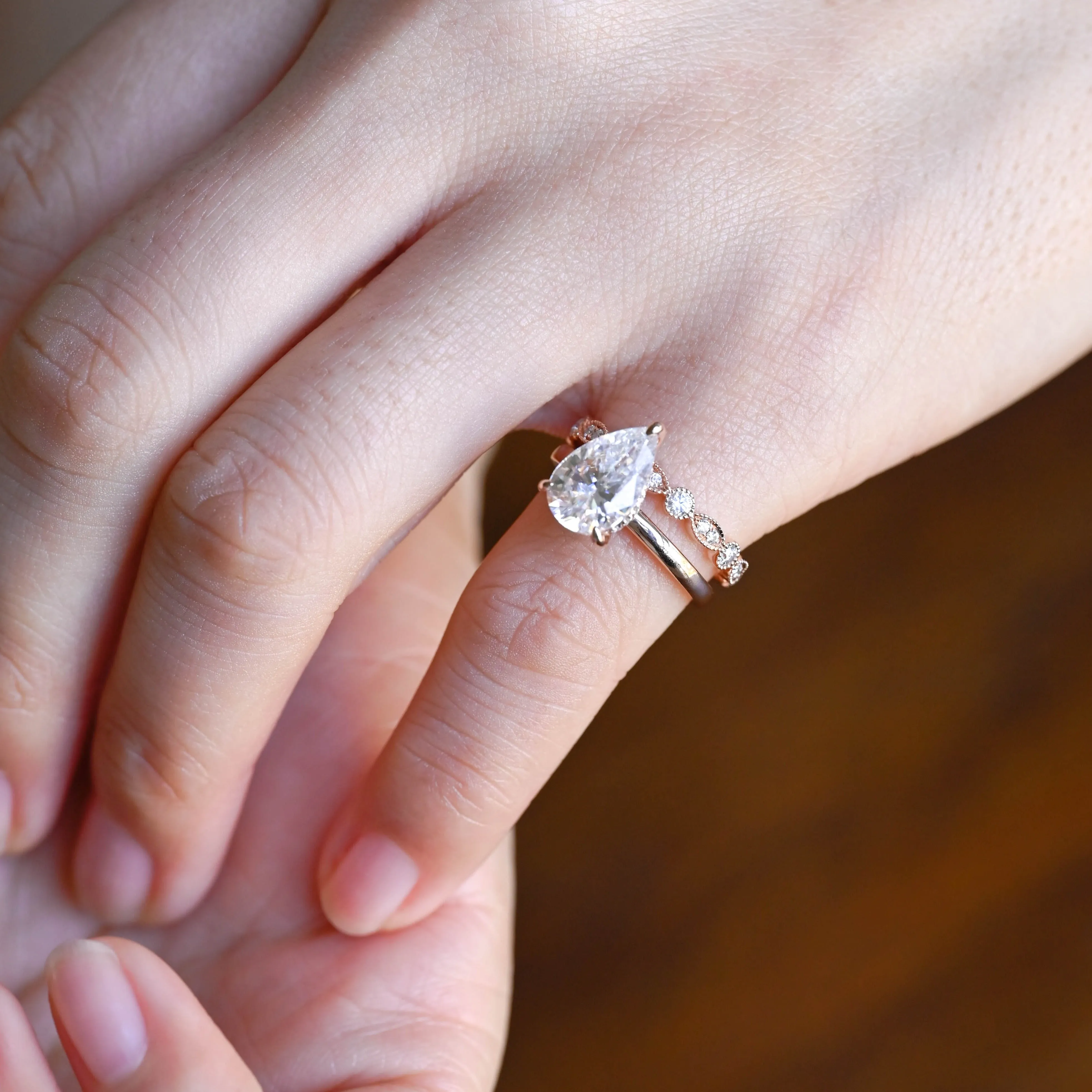 Solid Gold Pear Cut Moissanite Engagement Ring and Wedding Ring Set sold by Causyou product image thumbnail 3