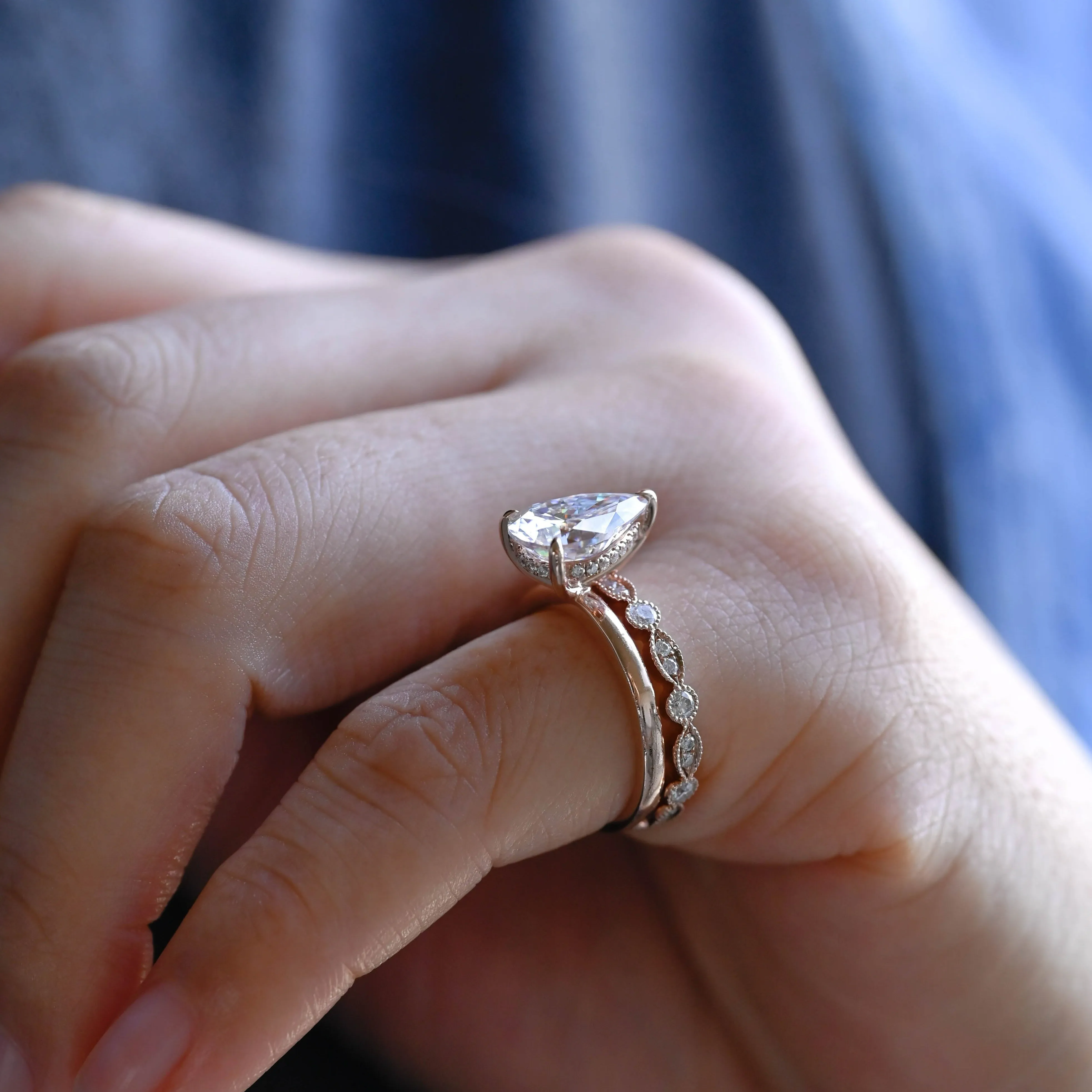 Solid Gold Pear Cut Moissanite Engagement Ring and Wedding Ring Set sold by Causyou product image thumbnail 4